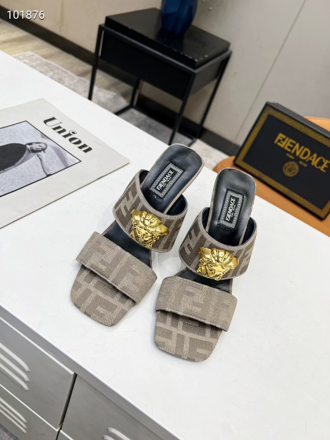 VERSACE FENDACE FF JACQUARD MULES BEIGE 1005157