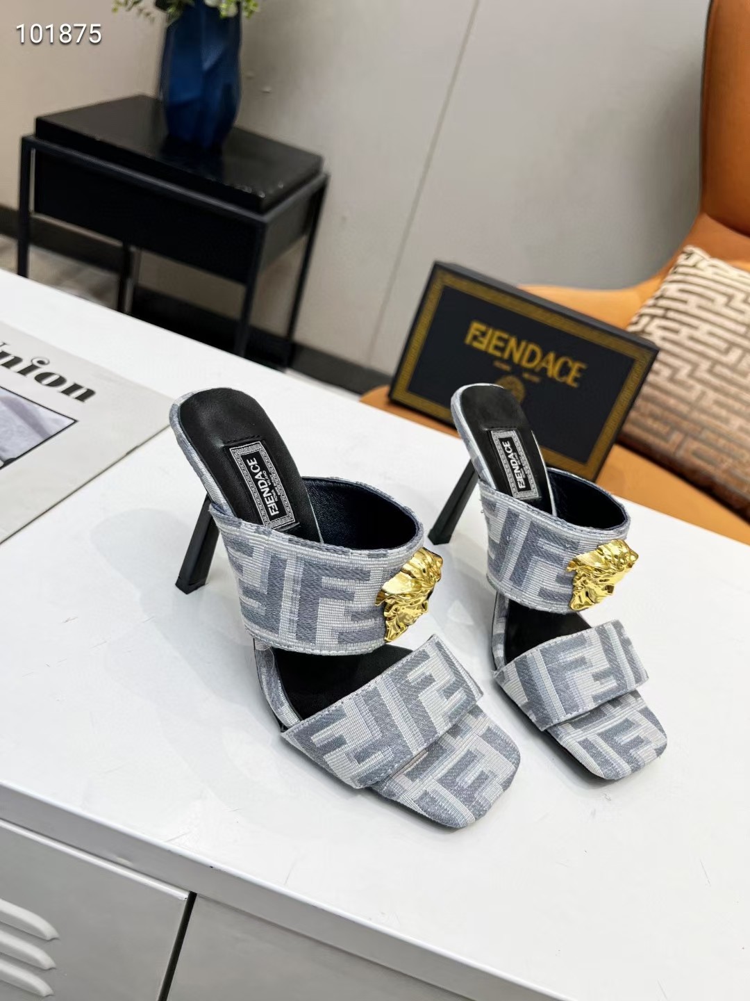 VERSACE FENDACE FF JACQUARD MULES GREY 1005157