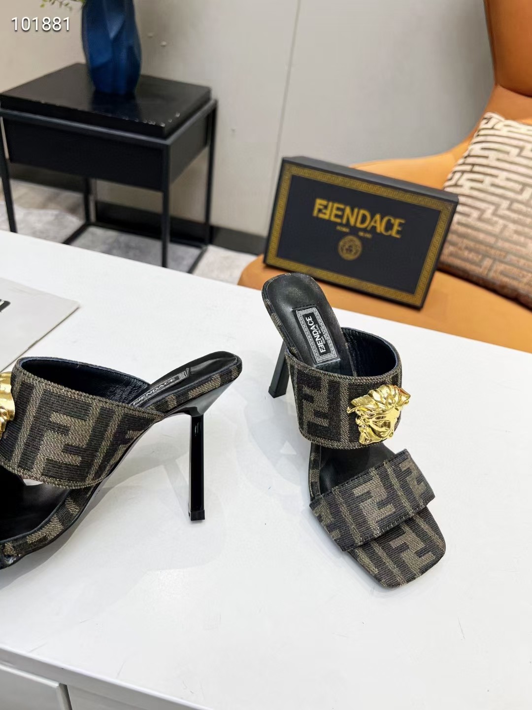 VERSACE FENDACE FF JACQUARD MULES LIGHT BROWN 1005157