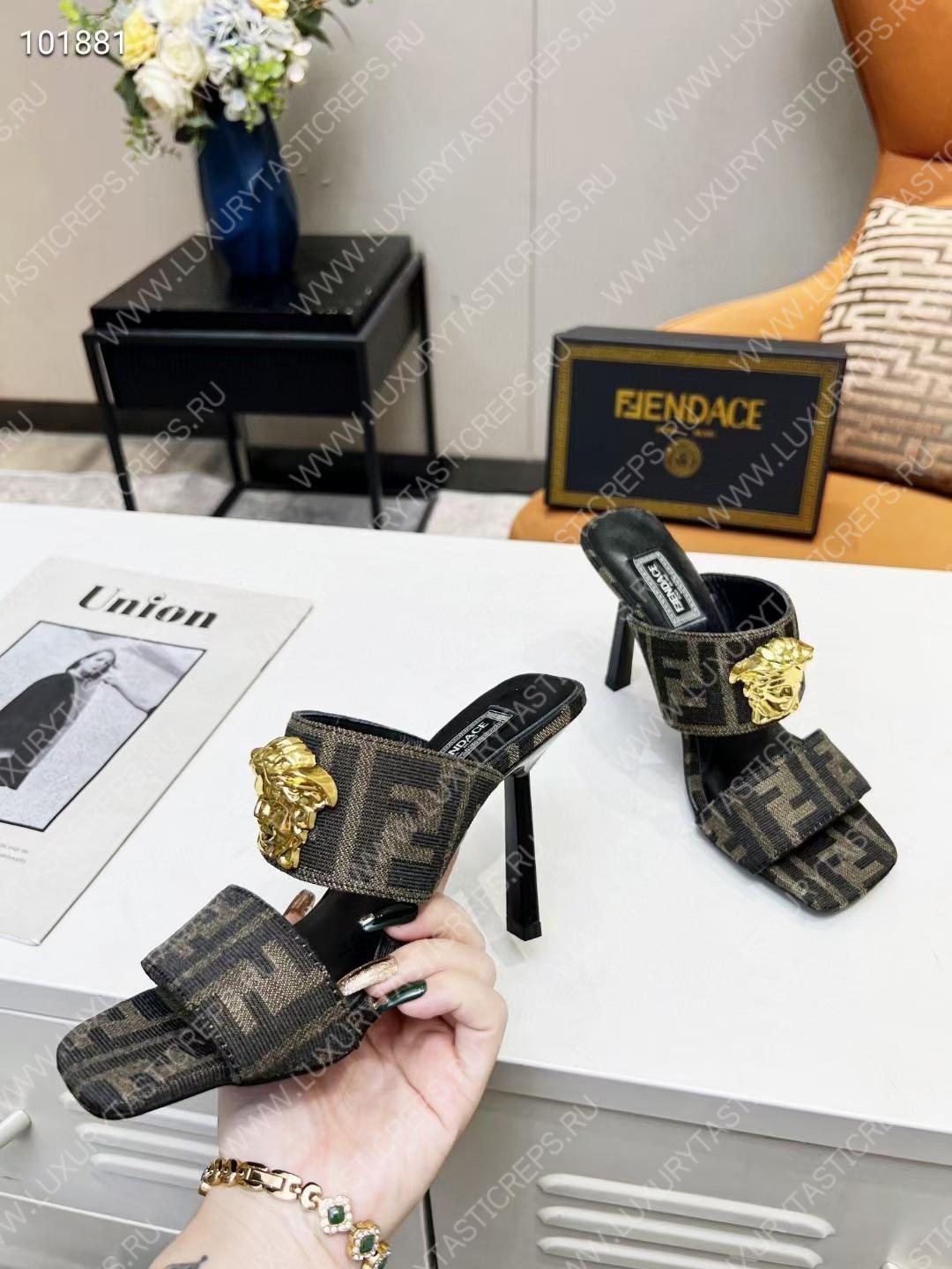 VERSACE FENDACE FF JACQUARD MULES LIGHT BROWN 1005157