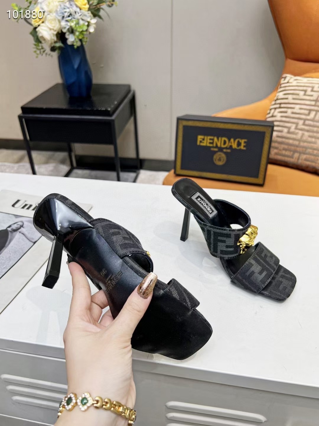 VERSACE FENDACE FF JACQUARD MULES BLACK 1005157