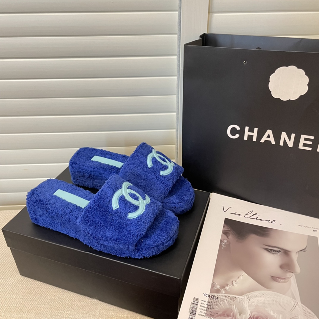 Ch*el cc flat mules terrycloth navy blue 1027287