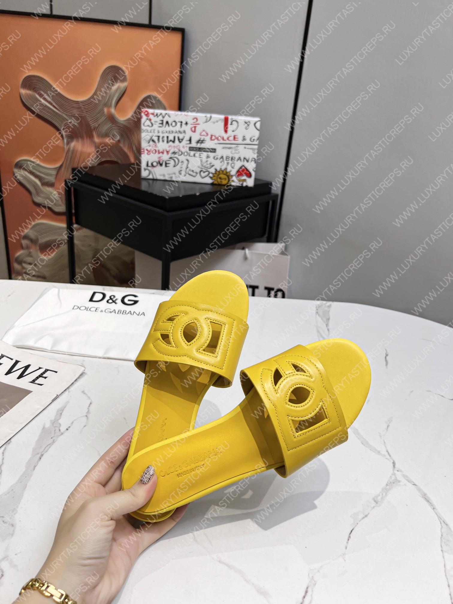 DOLCE & GABBANA CALFSKIN SLIDERS WITH DG LOGO YELLOW CQ0436AY