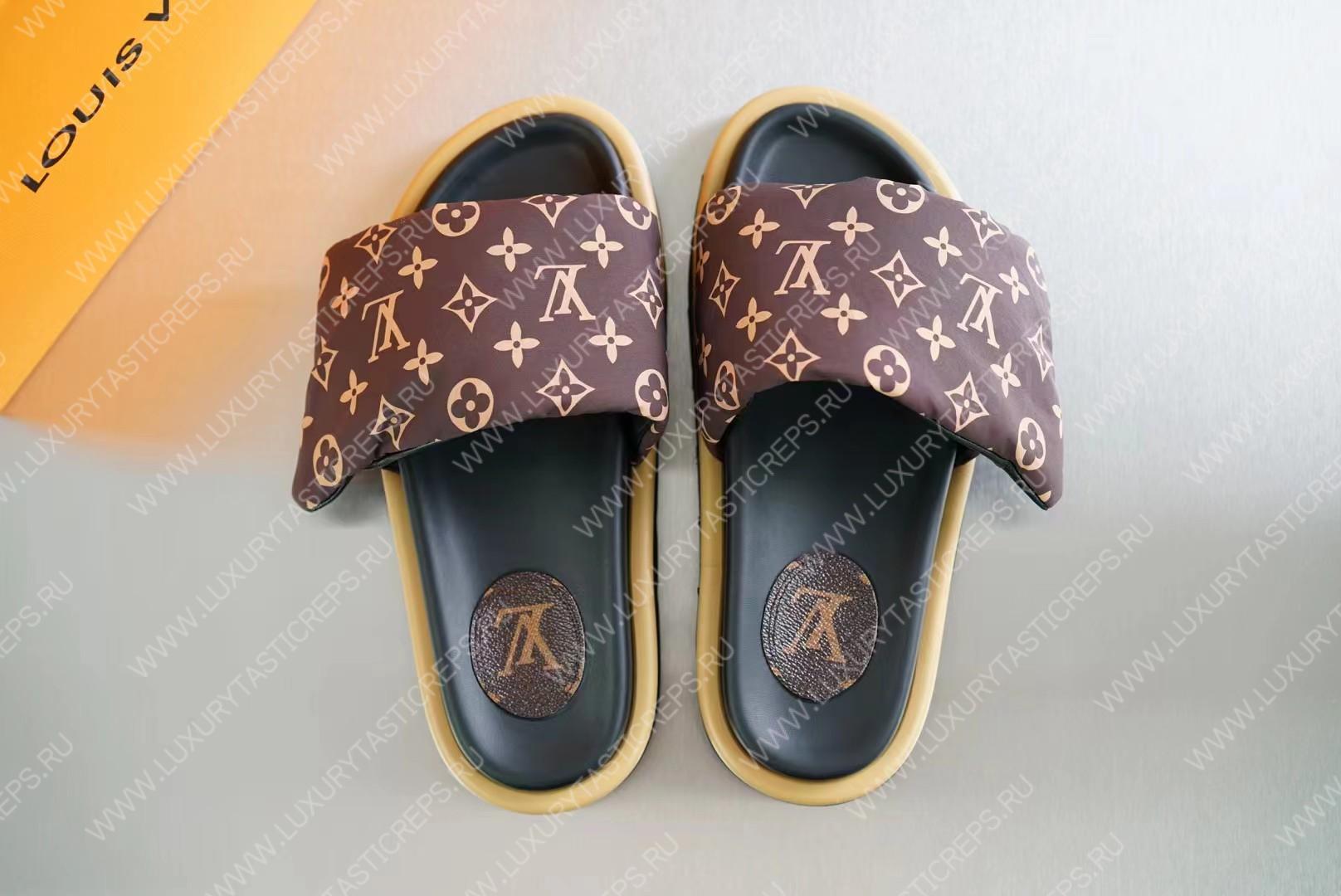 l**is V*t*n pool pillow flat comfort mules cocoa brown 261374
