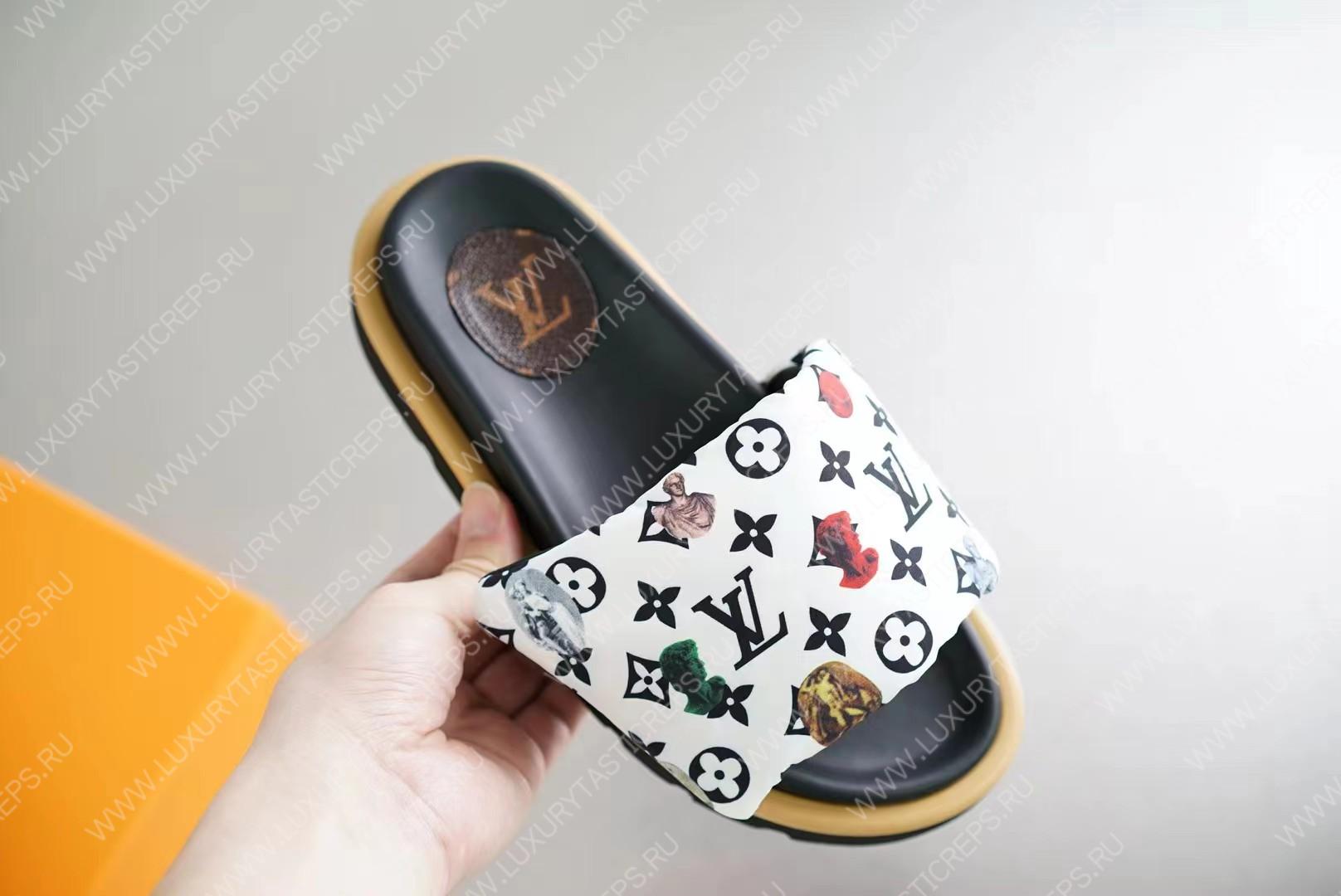 l**is V*t*n pool pillow flat comfort mules black and white 261374