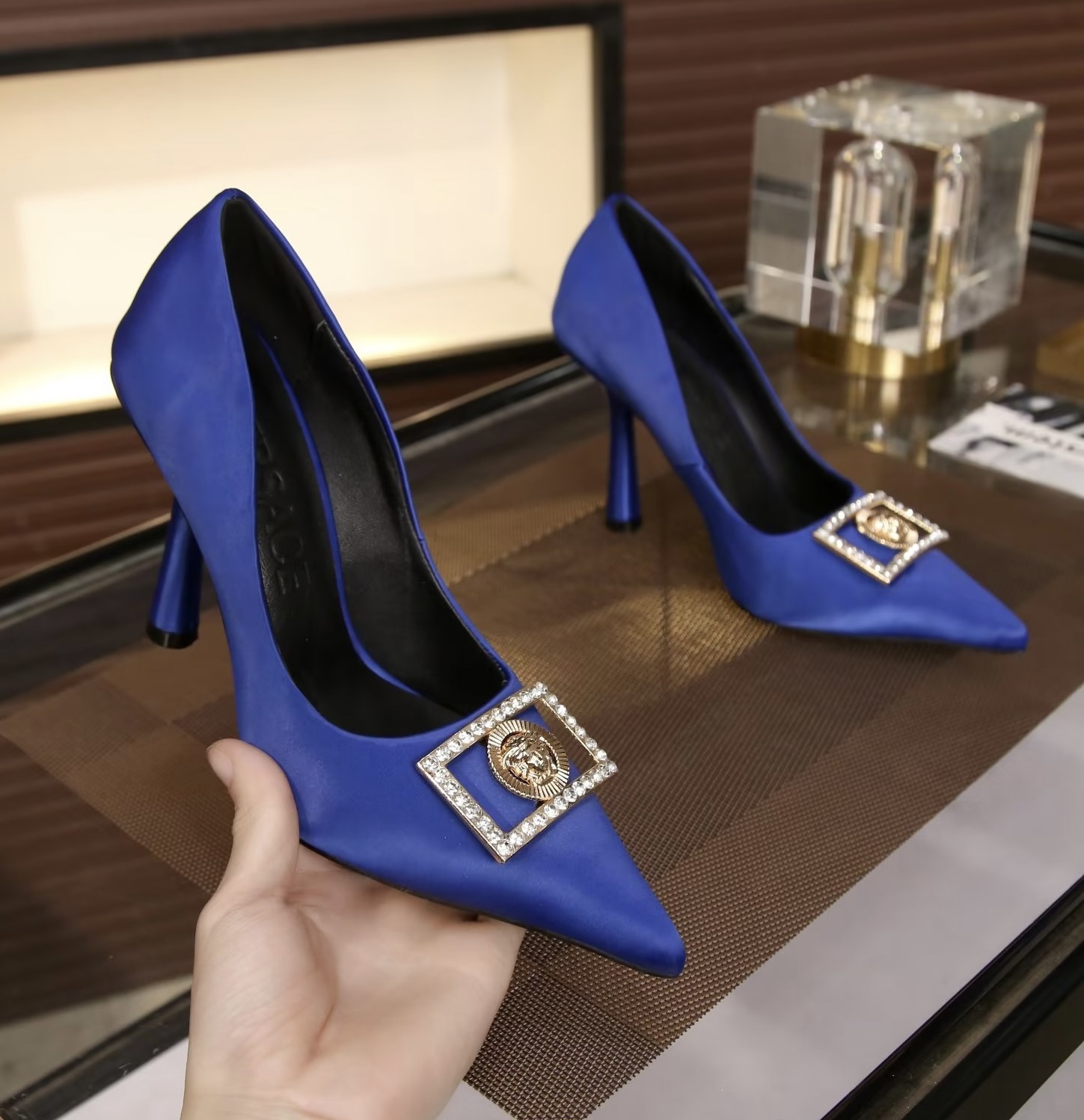 VERSACE SATIN LA MEDUSA PUMPS 110 BLUE 1001207