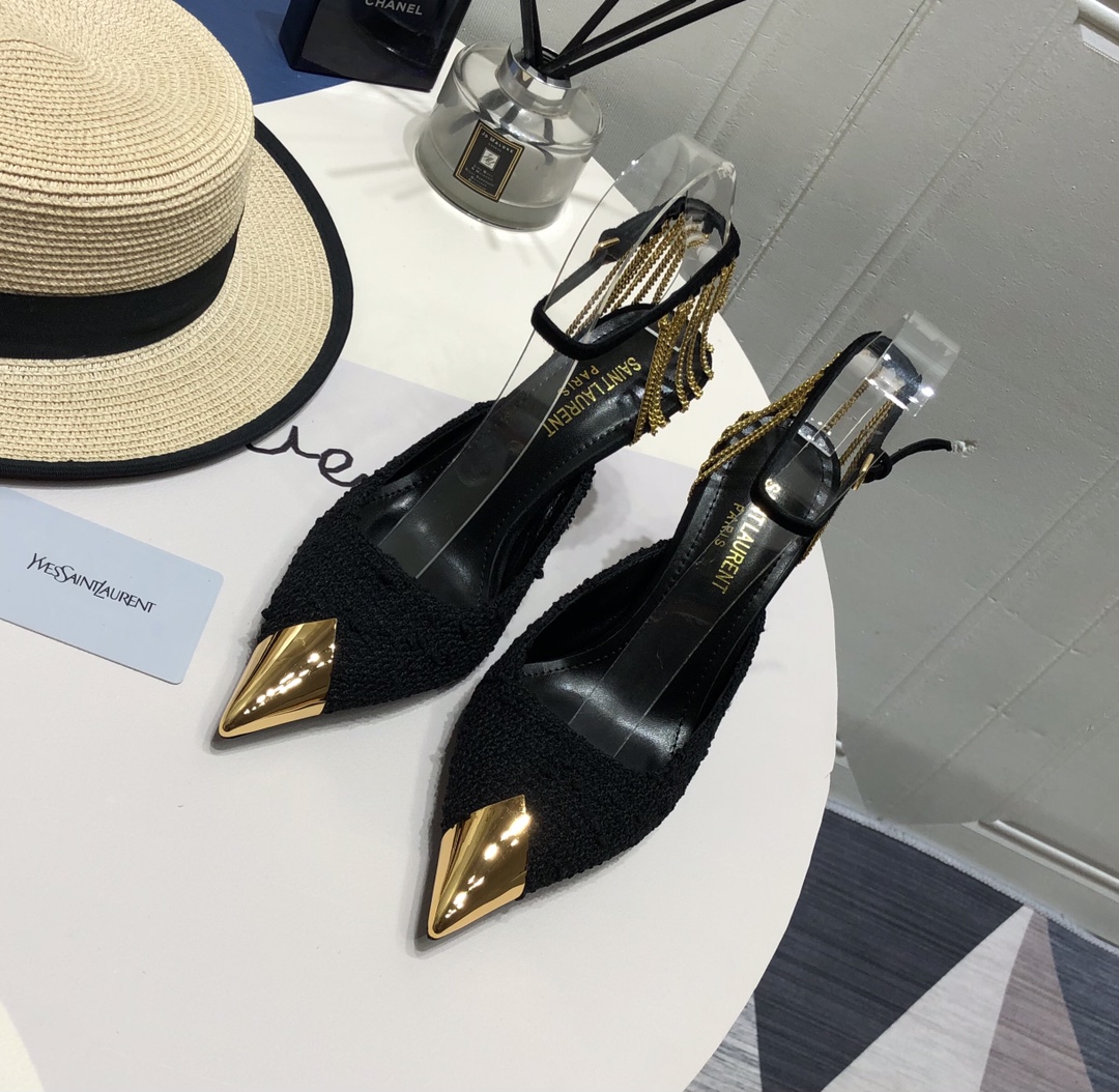 YVES SAINT LAURENT CRYSTAL CHAIN-TRIM PUMPS BLACK 7131751TVDD1000