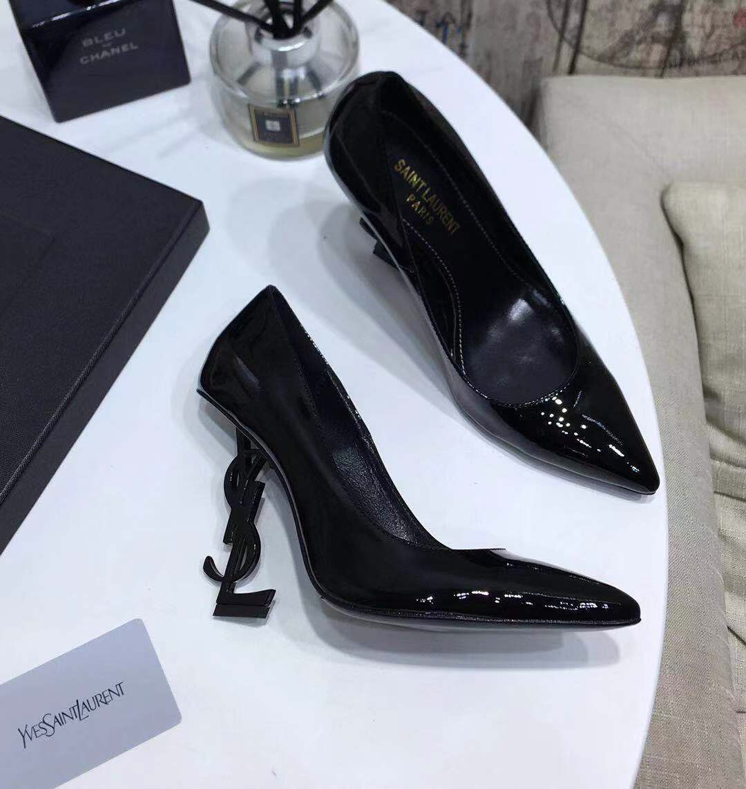 YVES SAINT LAURENT LOGO HEEL LEATHER PUMPS BLACK 472011D6CVV