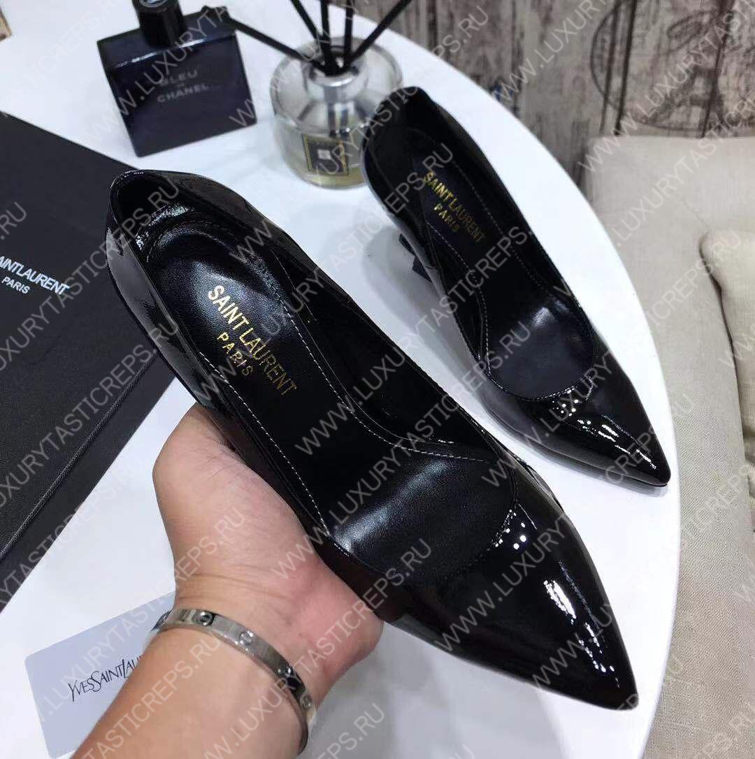 YVES SAINT LAURENT LOGO HEEL LEATHER PUMPS BLACK 472011D6CVV