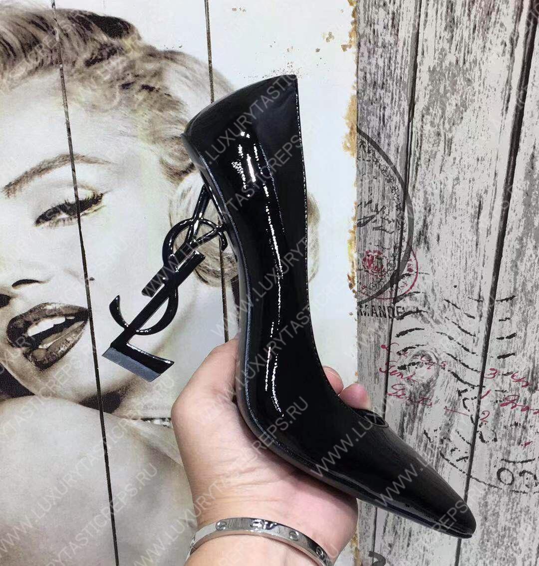 YVES SAINT LAURENT LOGO HEEL LEATHER PUMPS BLACK 472011D6CVV