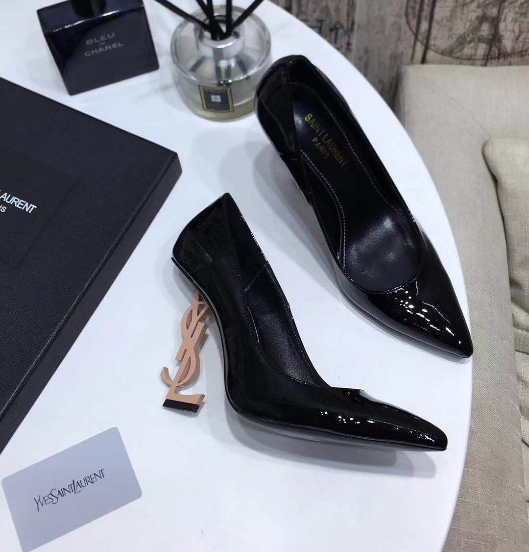YVES SAINT LAURENT OPYM LOGO HEEL LEATHER PUMPS BLACK AND BEIGE 472011D6CVV