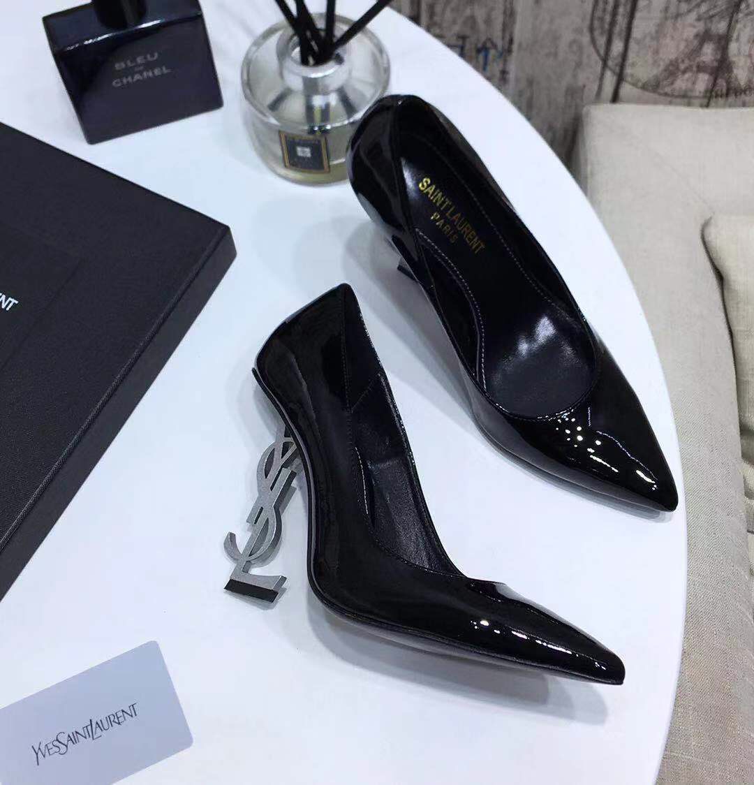 YVES SAINT LAURENT OPYM LOGO HEEL LEATHER PUMPS BLACK AND GREY 472011D6CVV