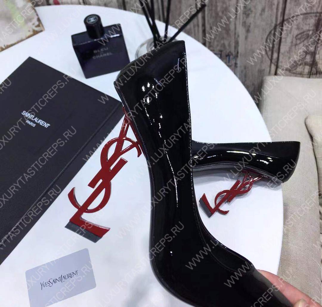 YVES SAINT LAURENT OPYM LOGO HEEL LEATHER PUMPS BLACK AND RED 472011D6CVV