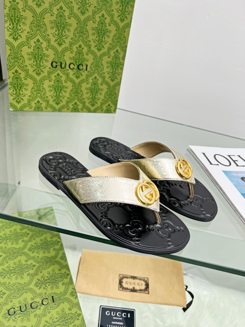 G*u*i gg thong web sandal golden and black 612138