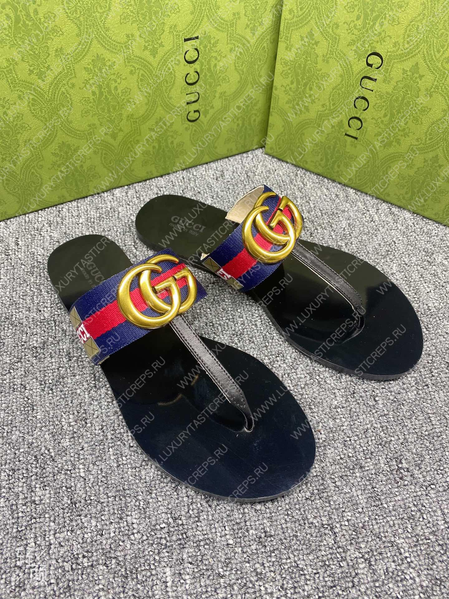 G*u*i leather thong sandal with double g blue and red 497444