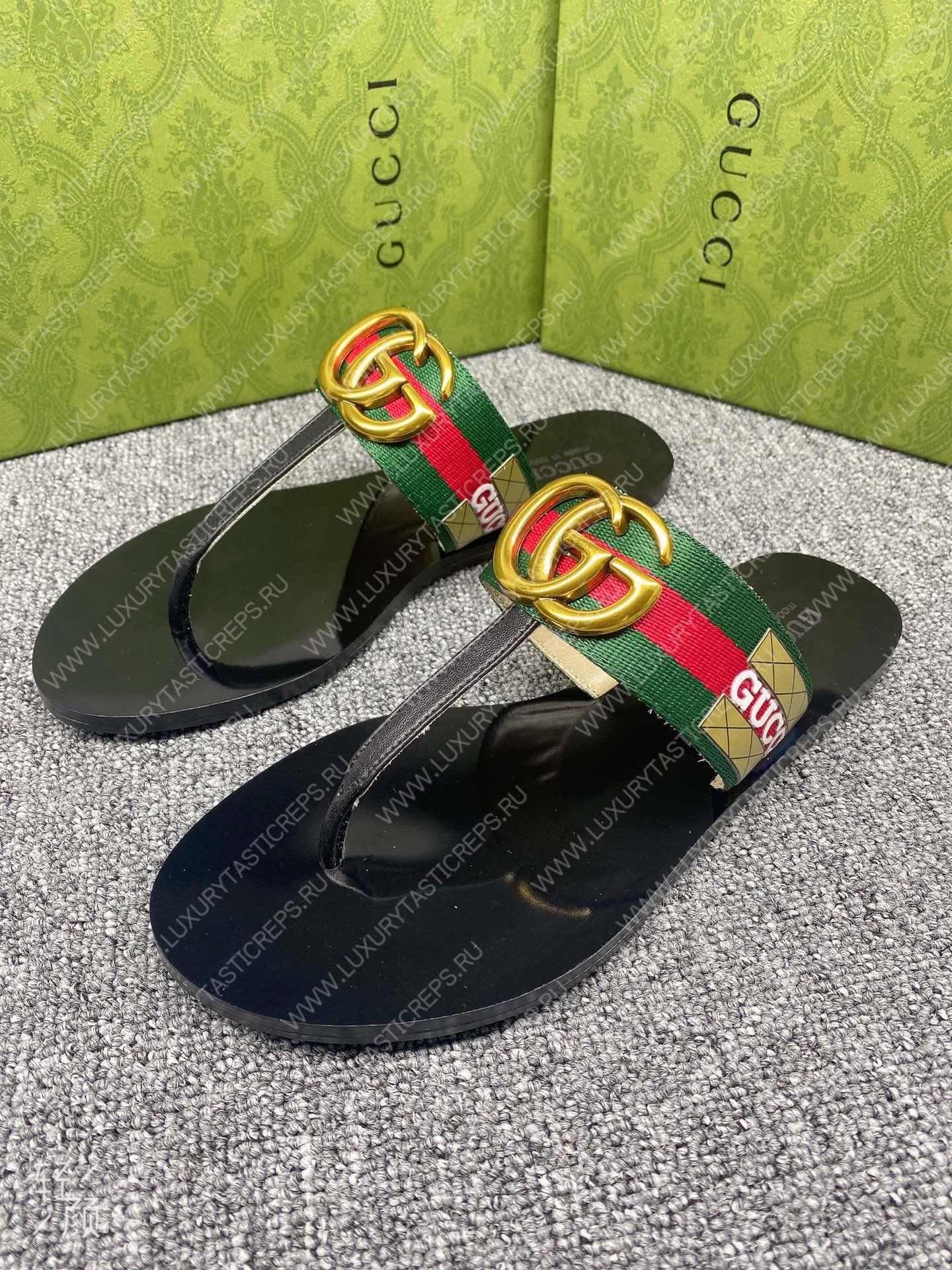 G*u*i leather thong sandal with double g green and red 497444