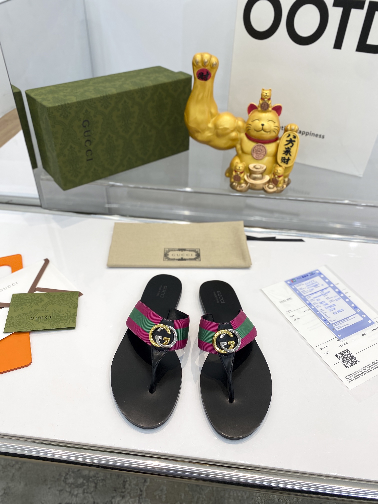 G*u*i leather thong sandal with double g pink and green 497444