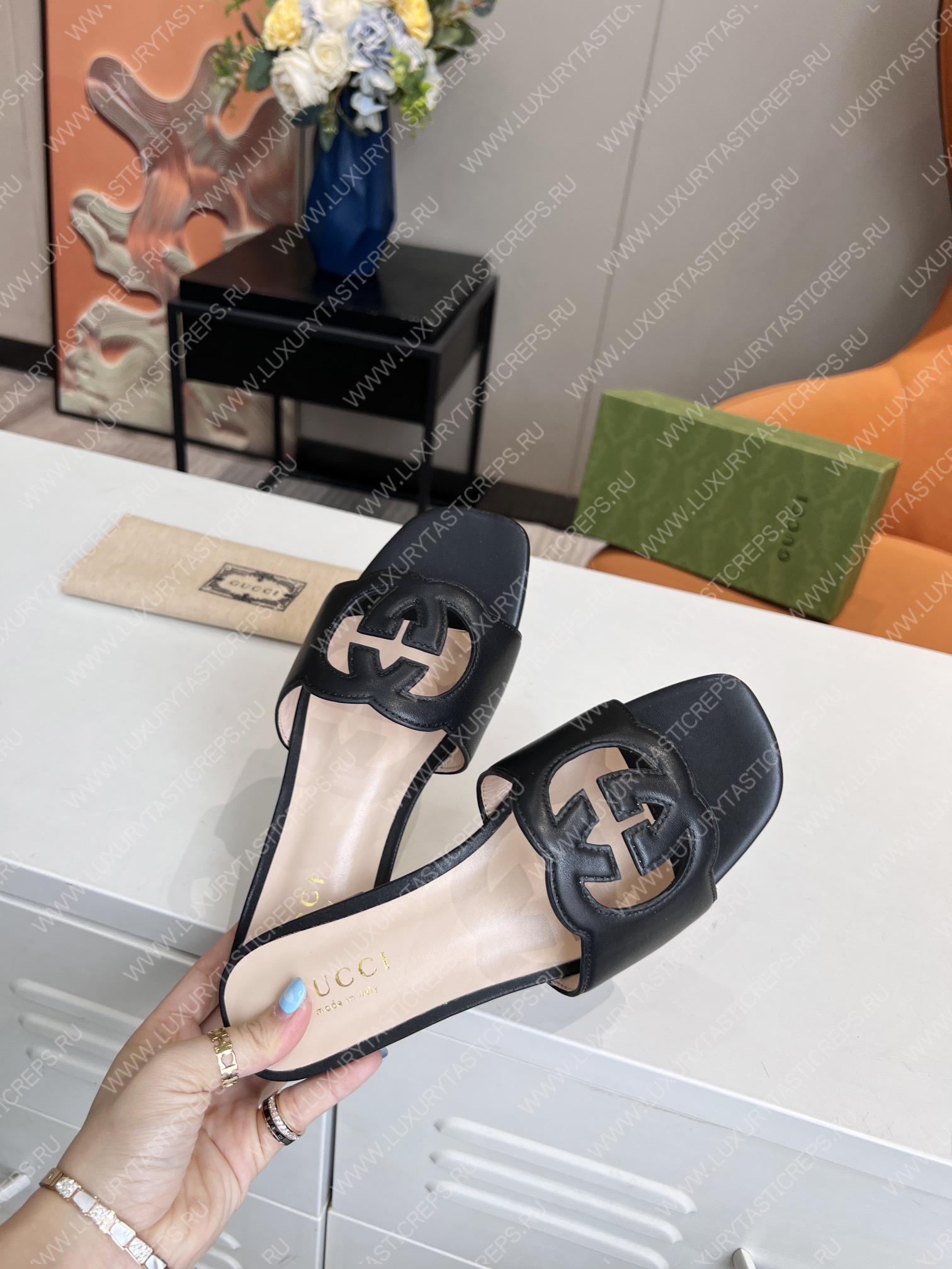 G*u*i interlocking g cut-out slide sandal black 694451