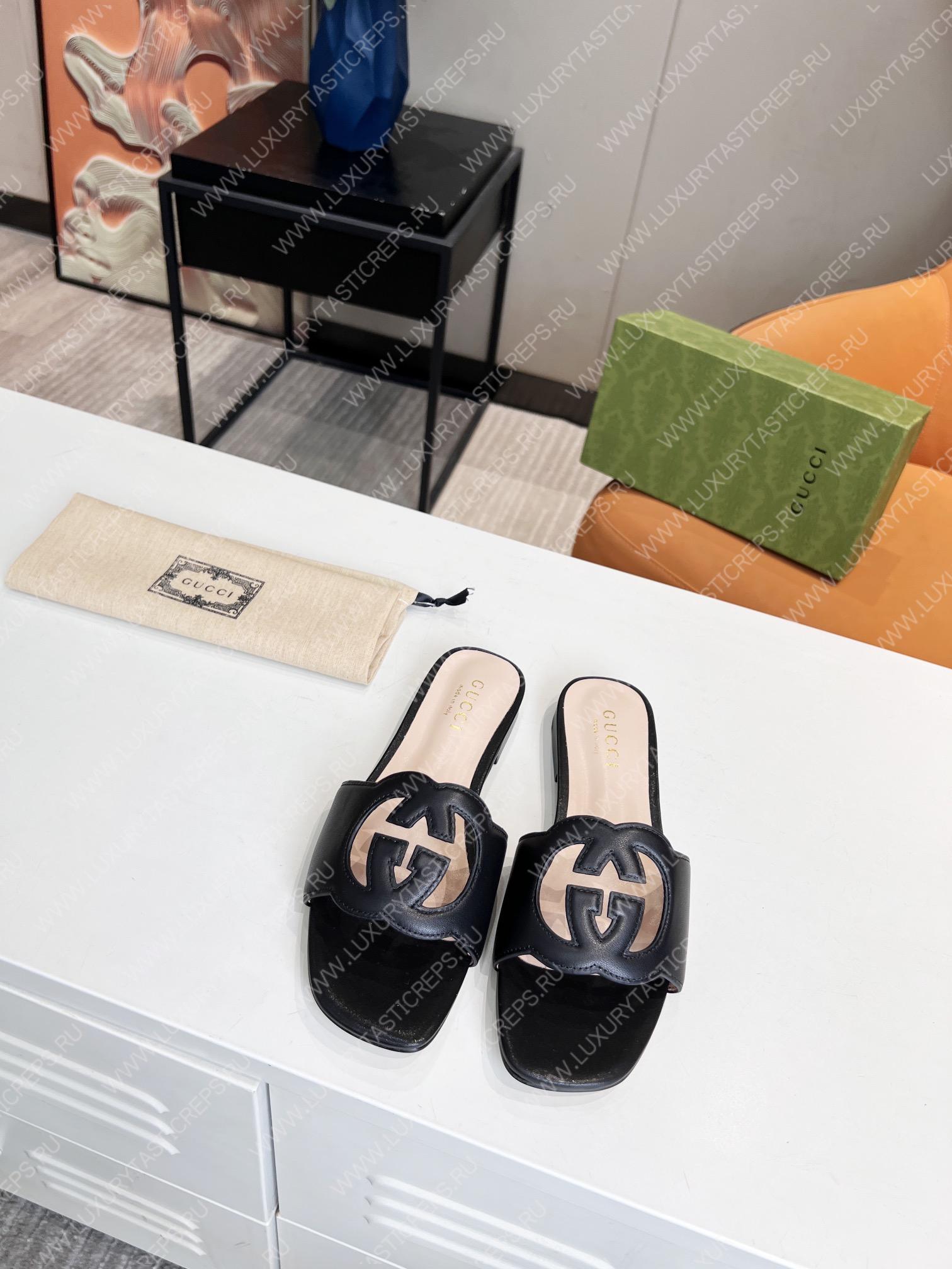 G*u*i interlocking g cut-out slide sandal black 694451