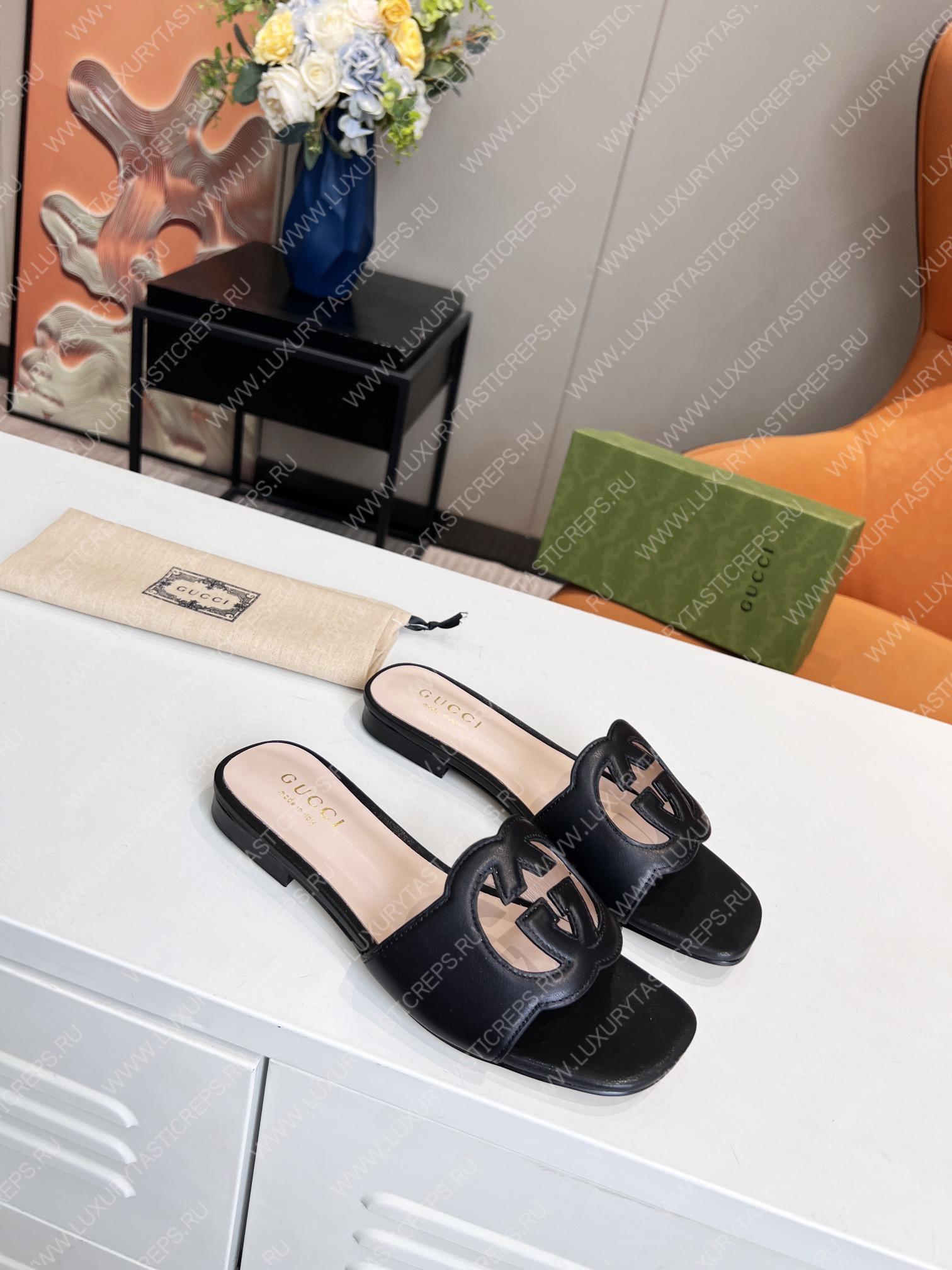 G*u*i interlocking g cut-out slide sandal black 694451