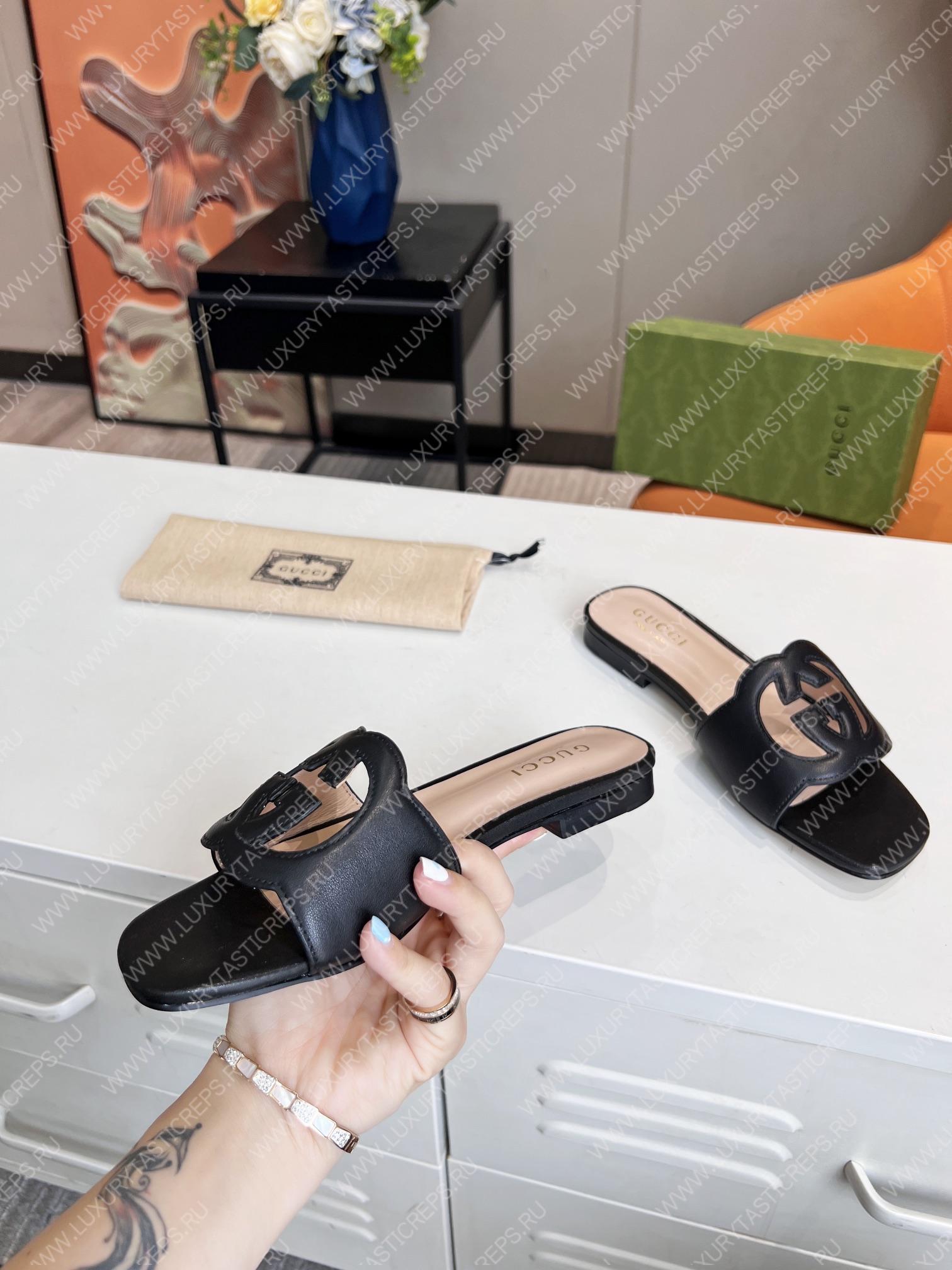 G*u*i interlocking g cut-out slide sandal black 694451