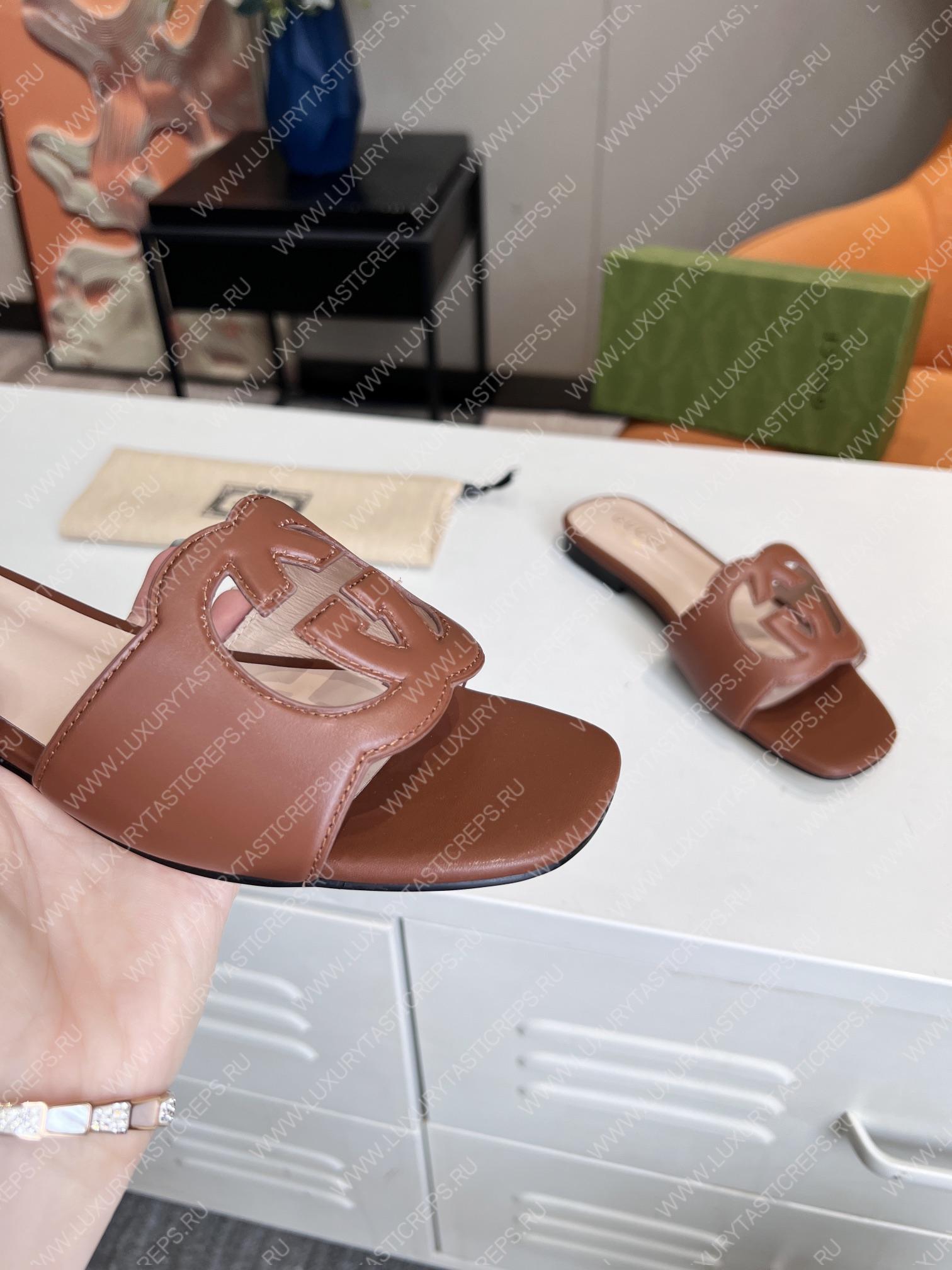 G*u*i interlocking g cut-out slide sandal brown 694451