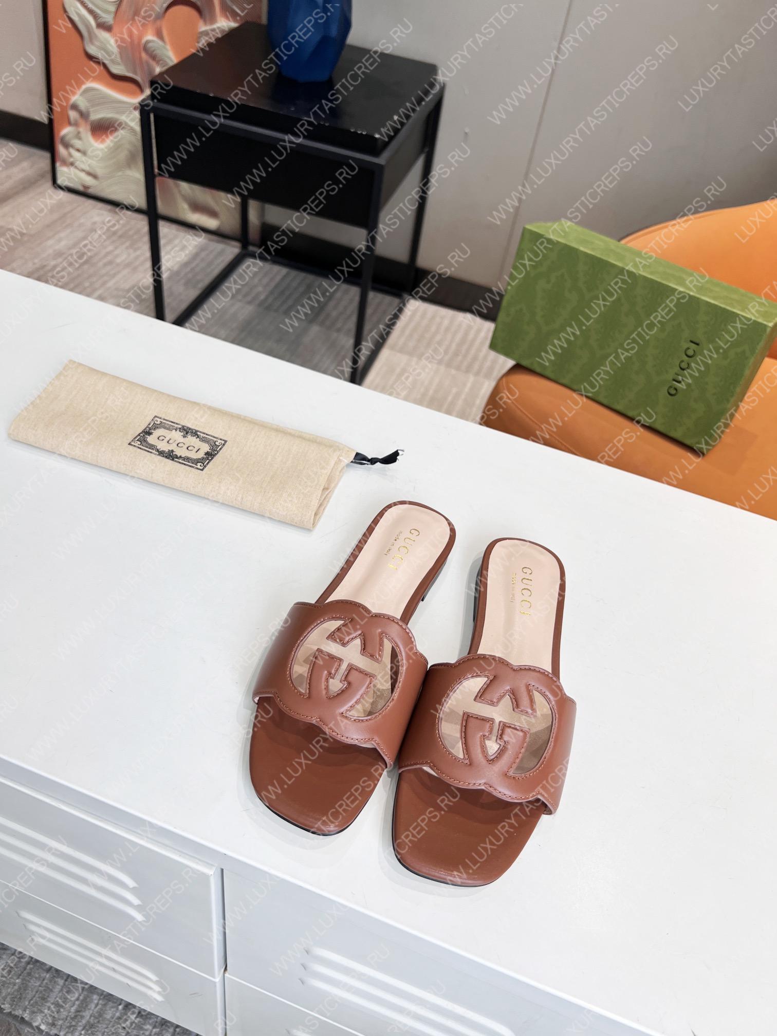 G*u*i interlocking g cut-out slide sandal brown 694451