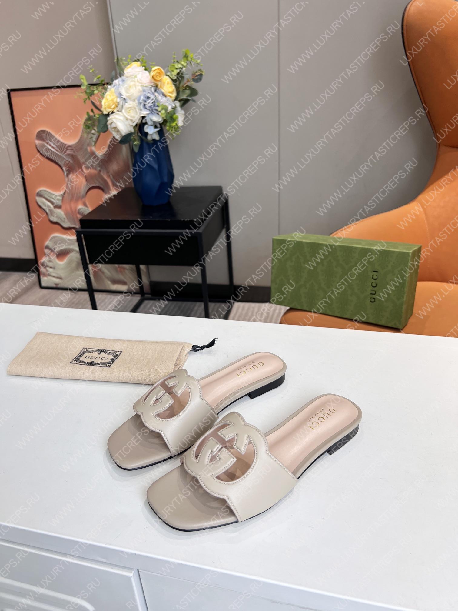 G*u*i interlocking g cut-out slide sandal grey 694450