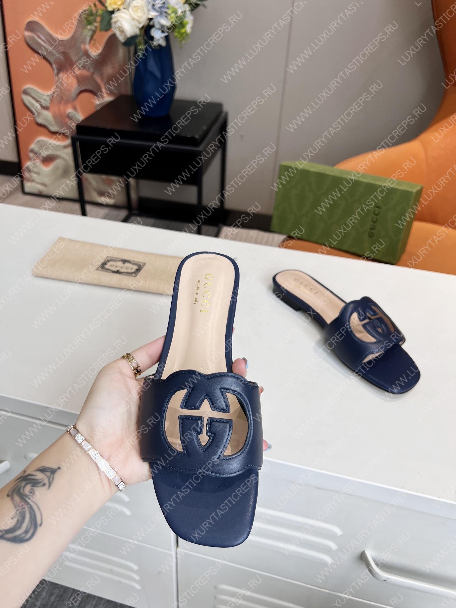 G*u*i interlocking g cut-out slide sandal dark blue 694451