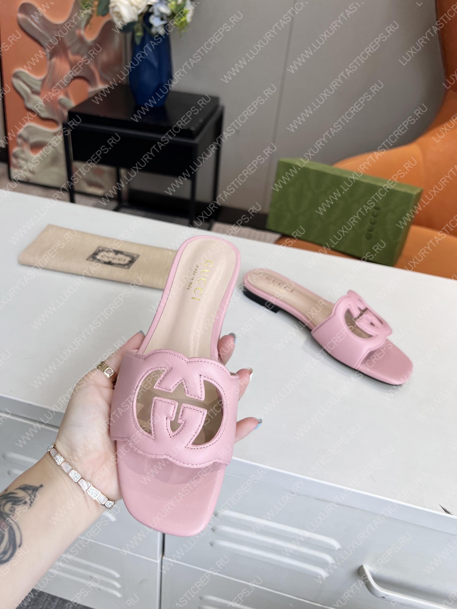 G*u*i interlocking g cut-out slide sandal baby pink 694451