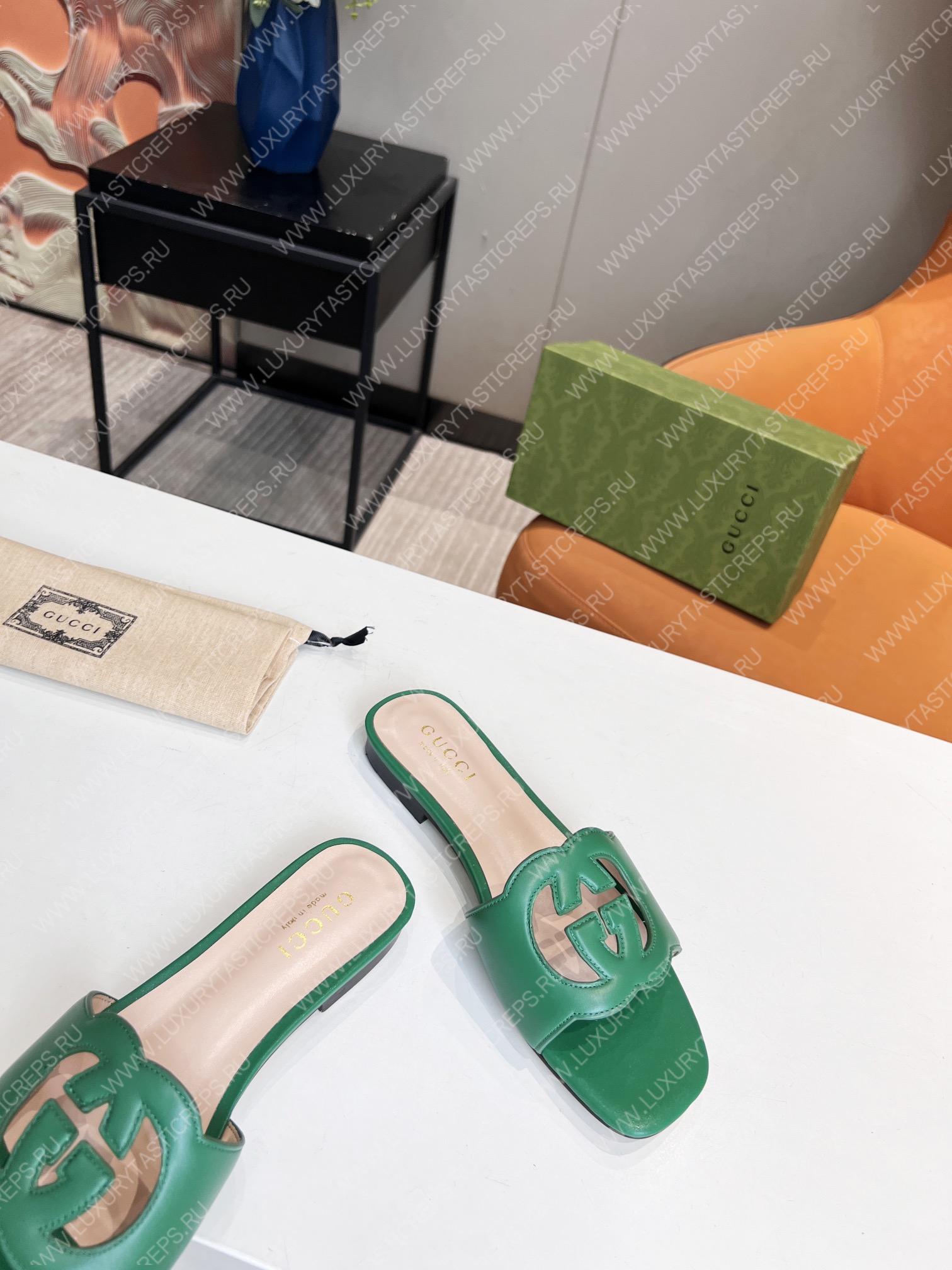 G*u*i interlocking g cut-out slide sandal green 694451