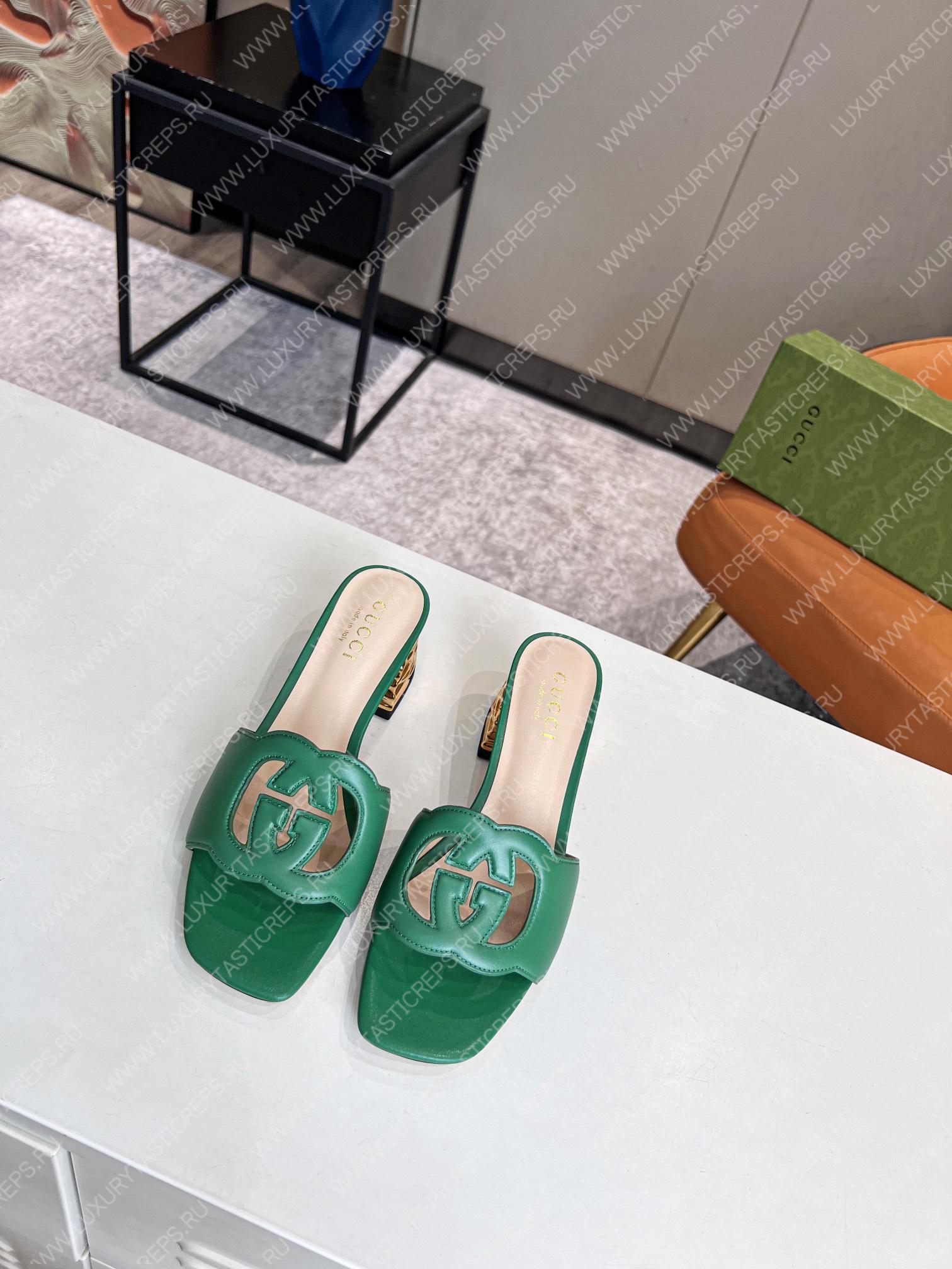 G*u*i interlocking g cut-out heeled slide sandal green 694451