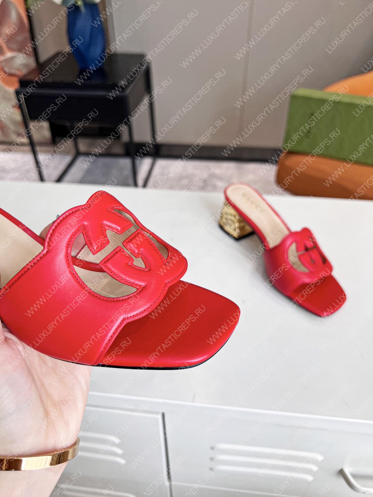 G*u*i interlocking g cut-out heeled slide sandal red 694451