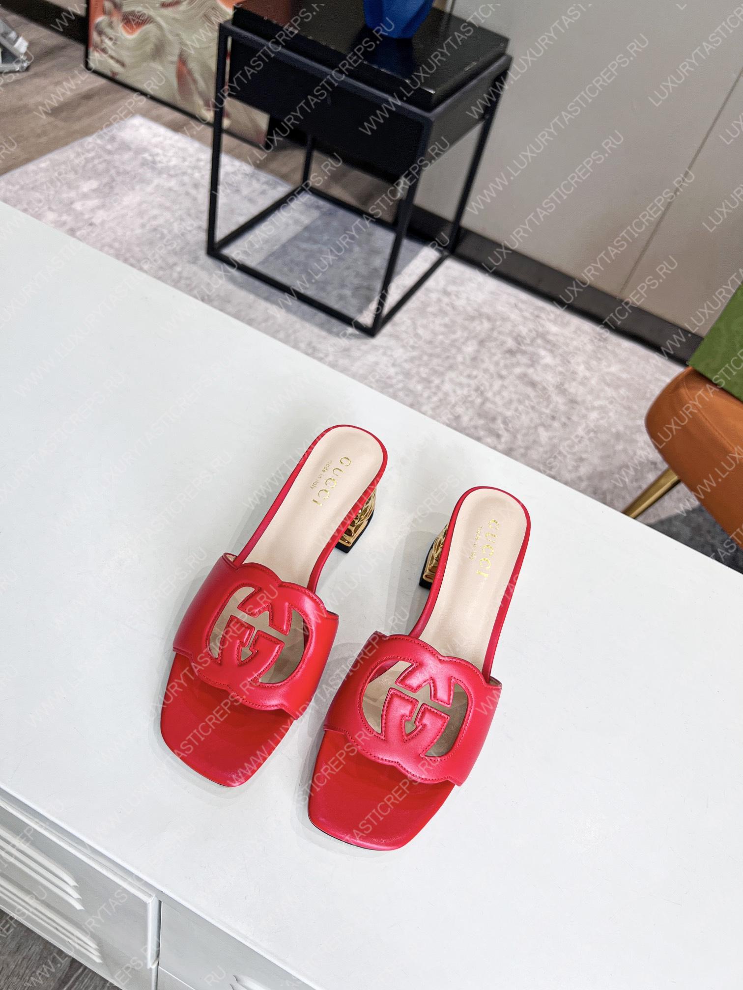 G*u*i interlocking g cut-out heeled slide sandal red 694451