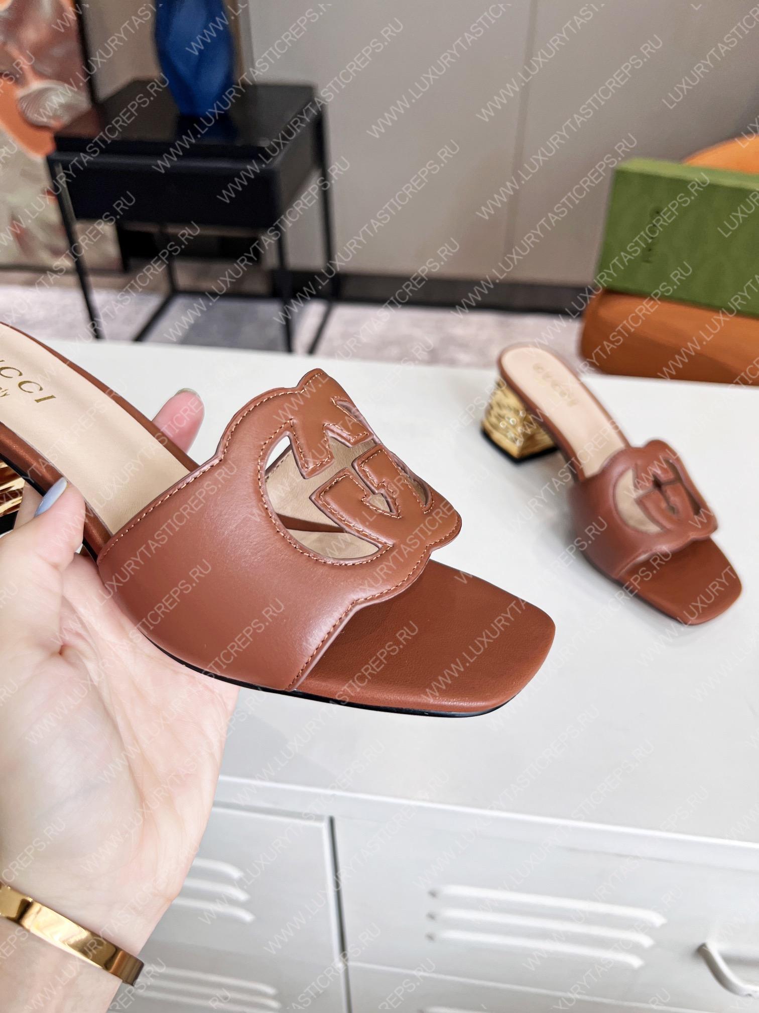 G*u*i interlocking g cut-out heeled slide sandal brown 694451