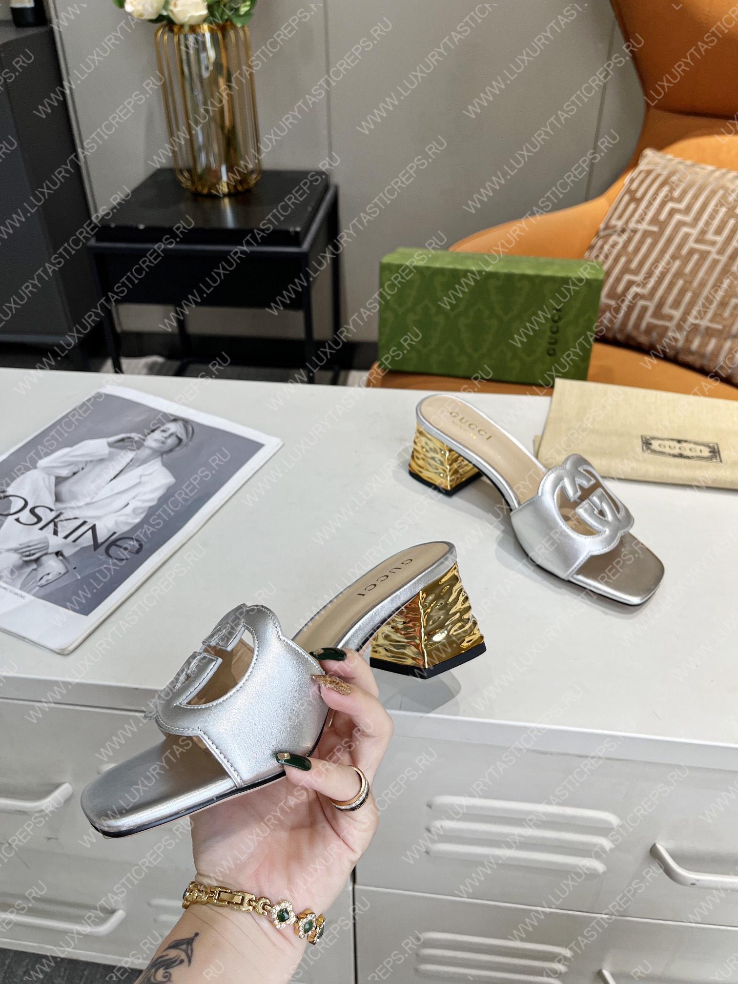 G*u*i interlocking g cut-out heeled slide sandal silver 694451
