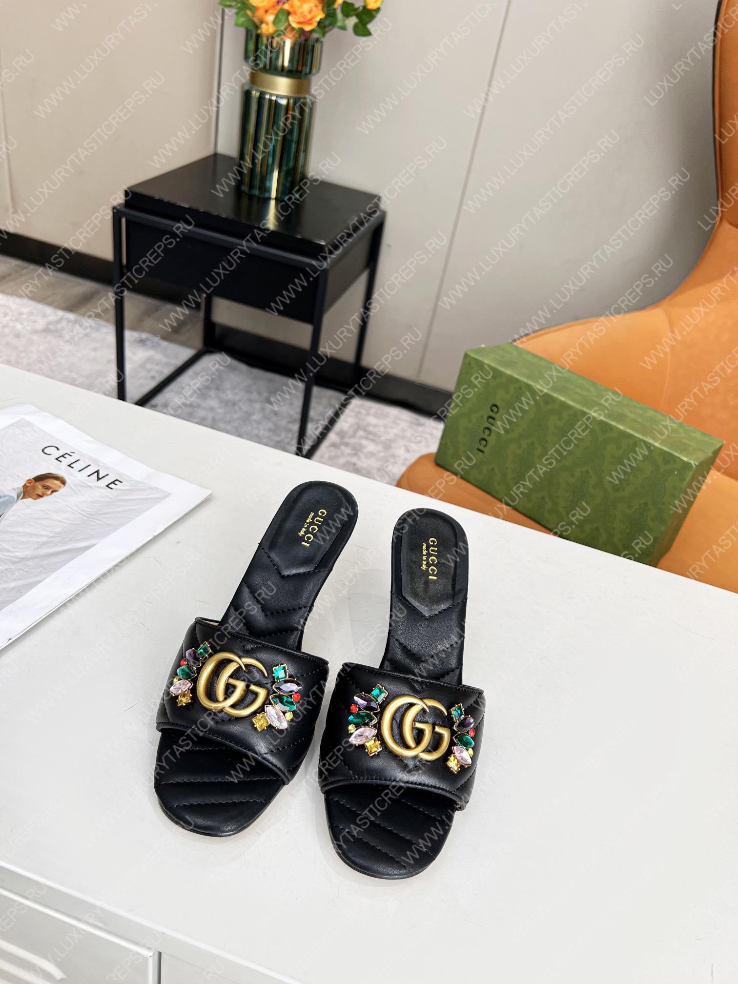 G*u*i double g slide sandal leather black 674839