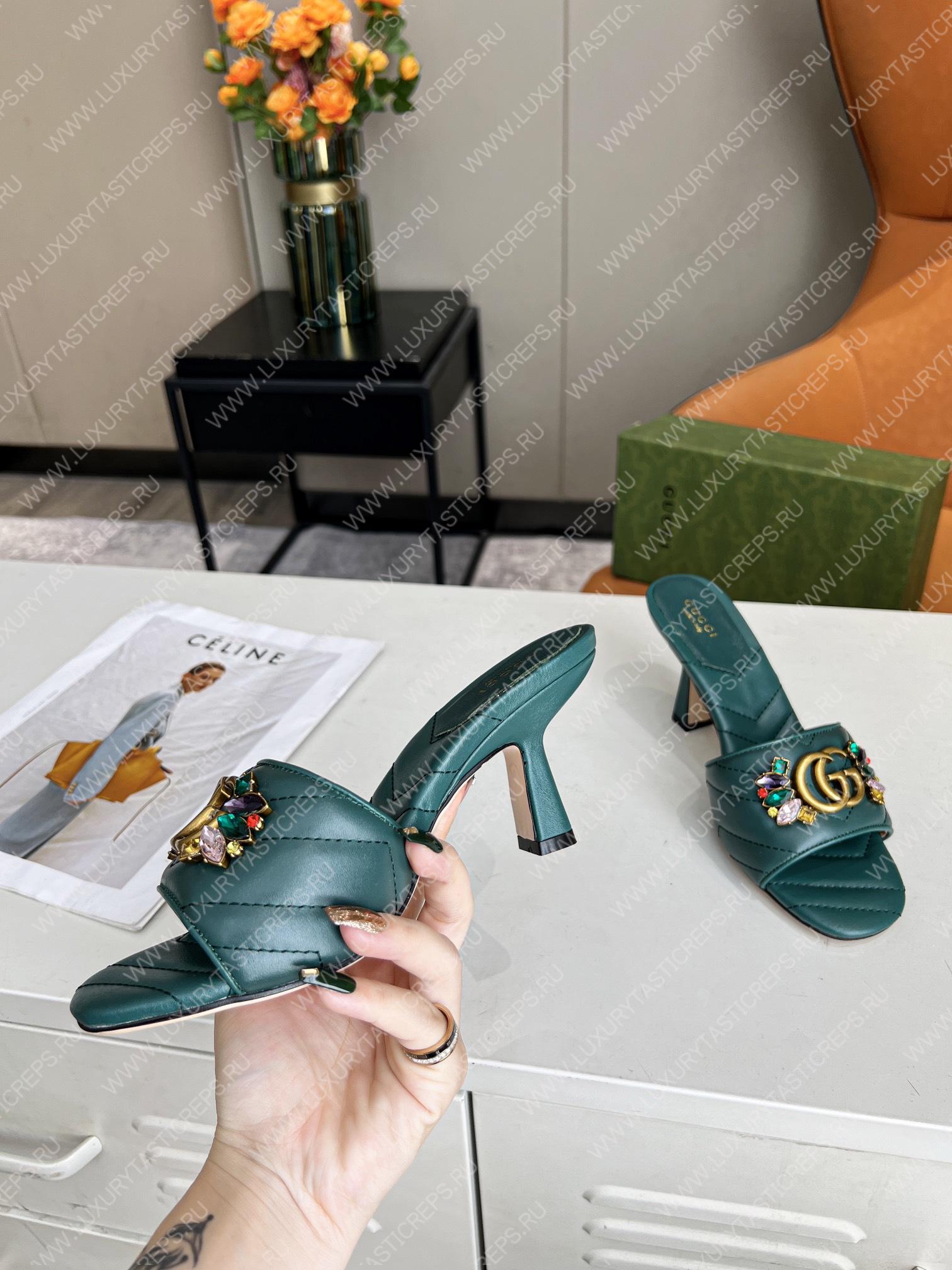 G*u*i double g slide sandal leather emerald green 674839