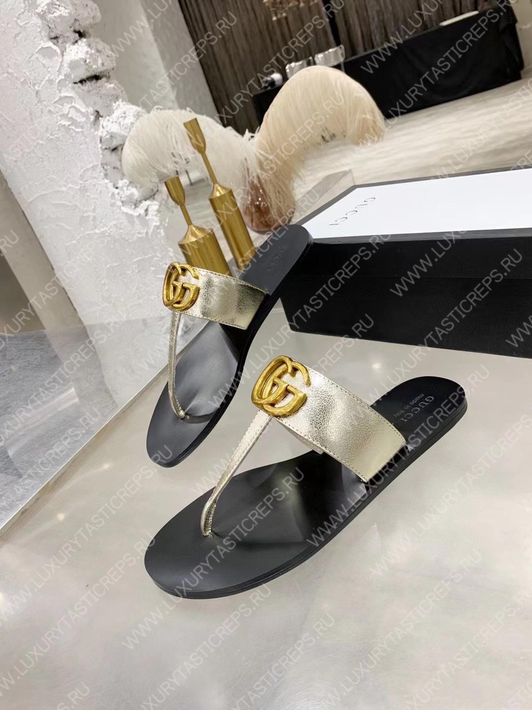 G*u*i leather thong sandal with double g silver 497444