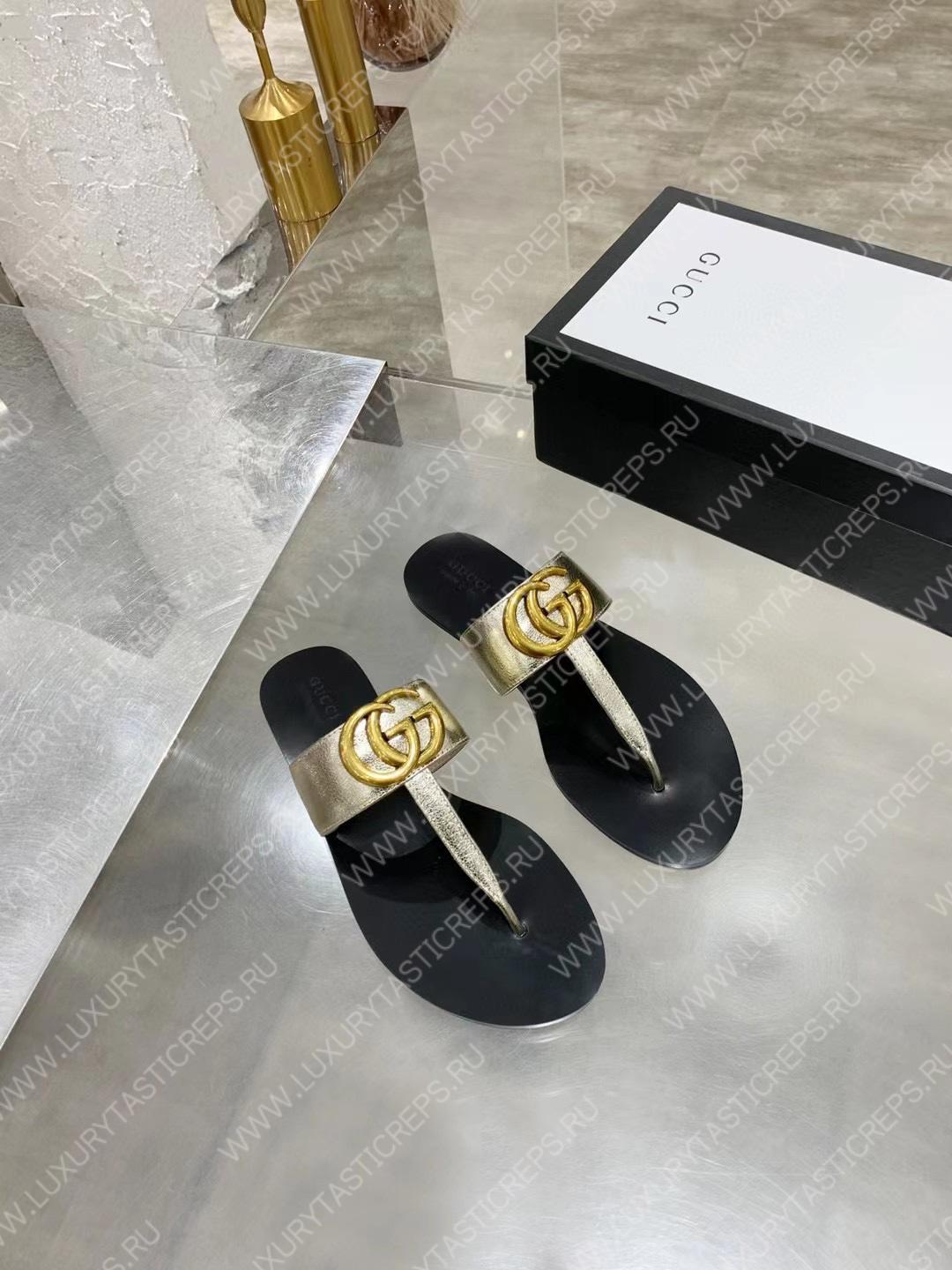G*u*i leather thong sandal with double g silver 497444
