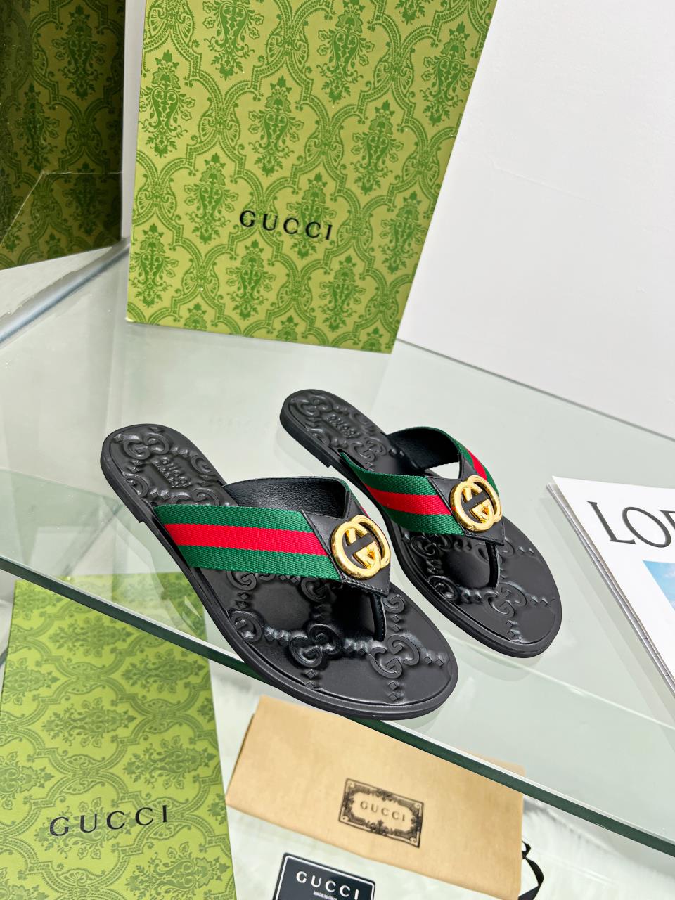 G*u*i gg thong web sandal green, red and black 612138