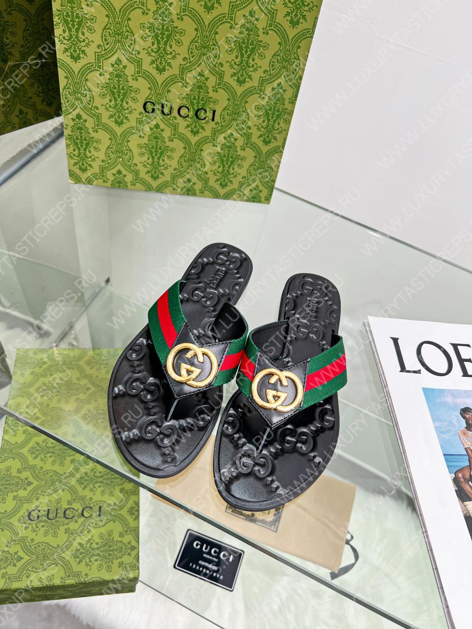 G*u*i gg thong web sandal green, red and black 612138