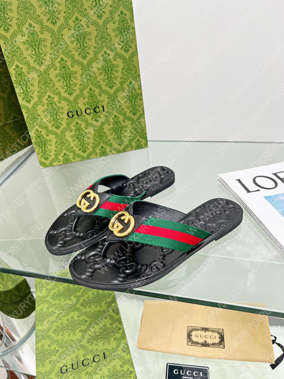 G*u*i gg thong web sandal green, red and black 612138