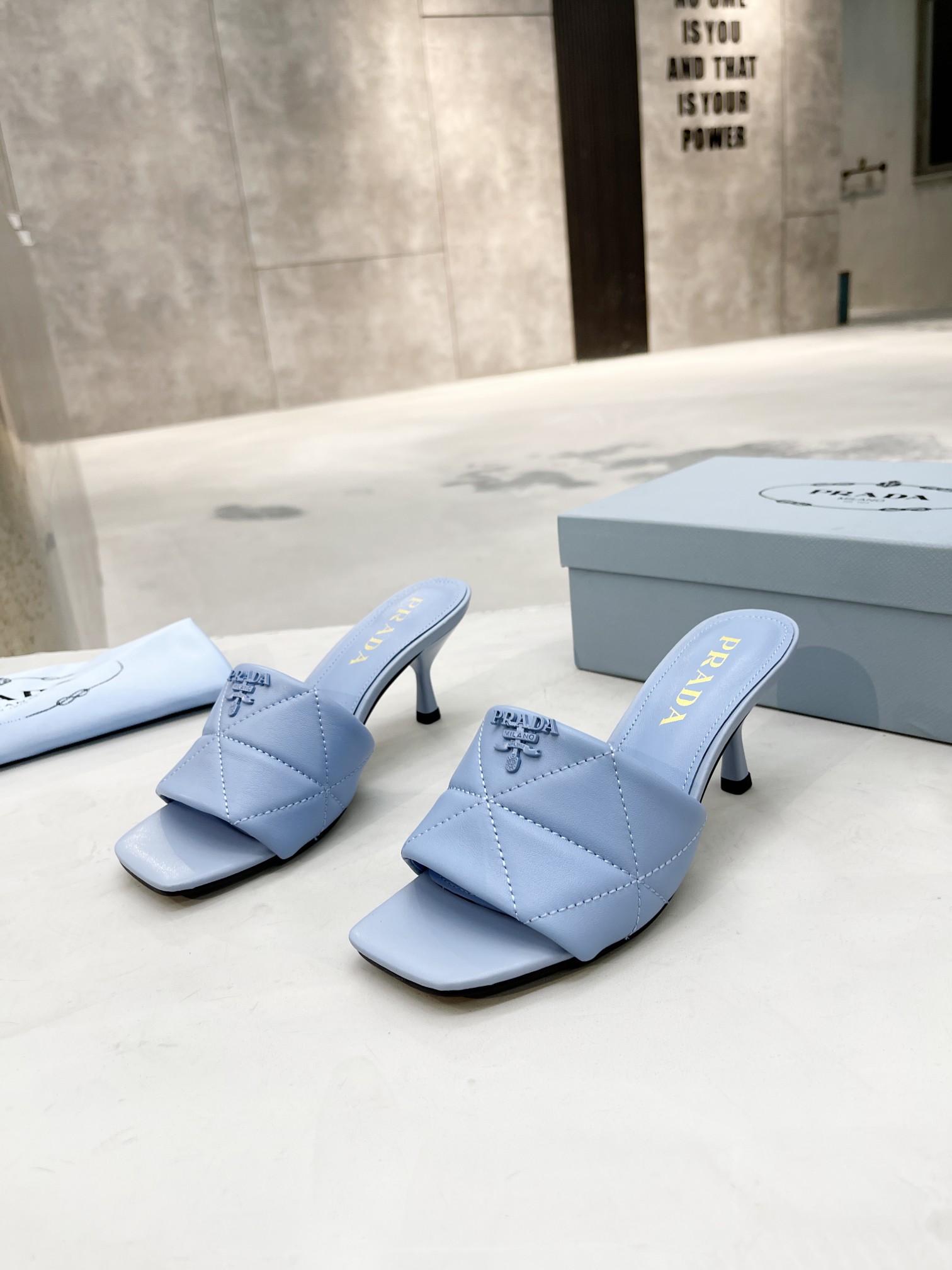 Pra*a quilted nappa leather heeled sandals light blue 1xx583
