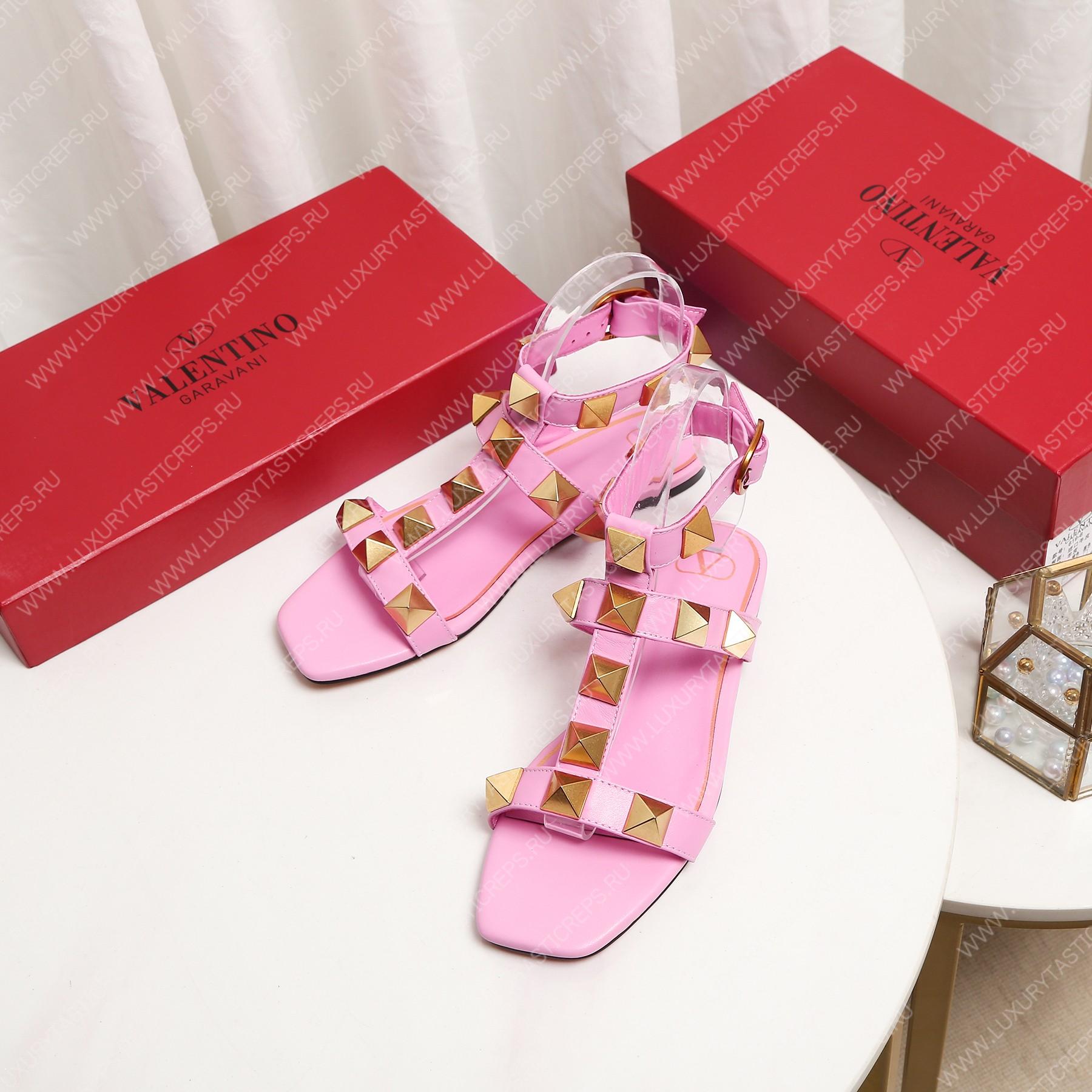 VALENTINO ROMAN STUD FLAT CALFSKIN SANDAL PINK 1W2S0BU8ZWM