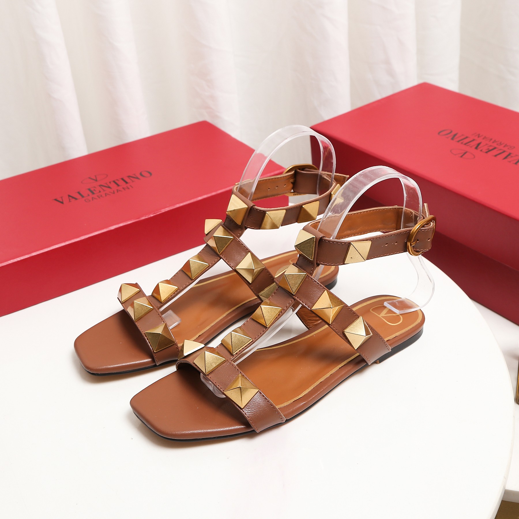 VALENTINO ROMAN STUD FLAT CALFSKIN SANDAL BROWN 1W2S0BU8ZWM