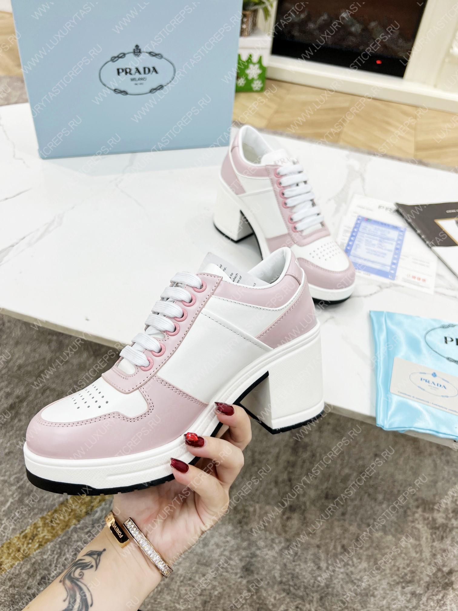Pra*a downtown high-heeled leather sneakers white/pink 1e792m