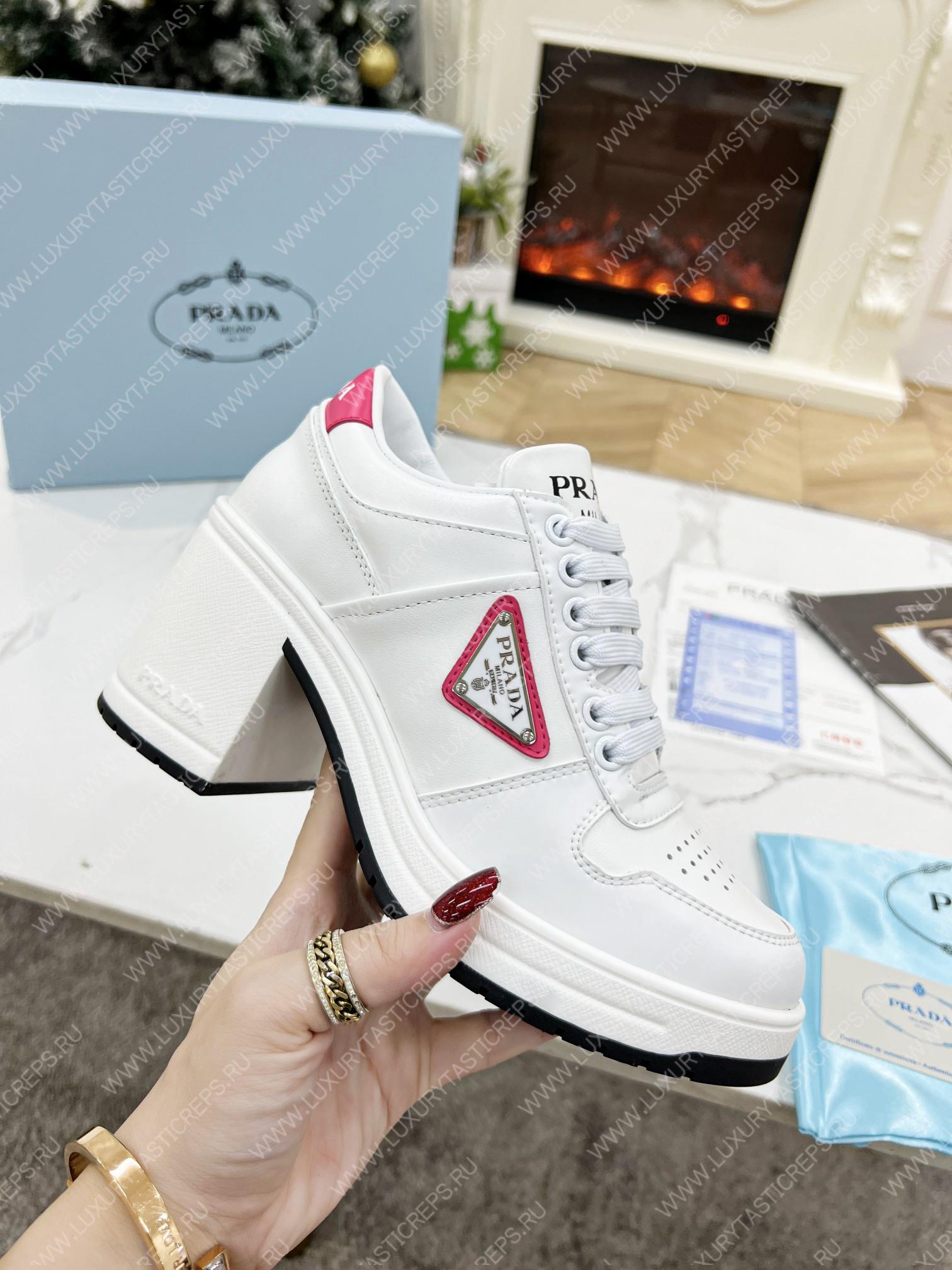 Pra*a downtown high-heeled leather sneakers white/pink 1e792m