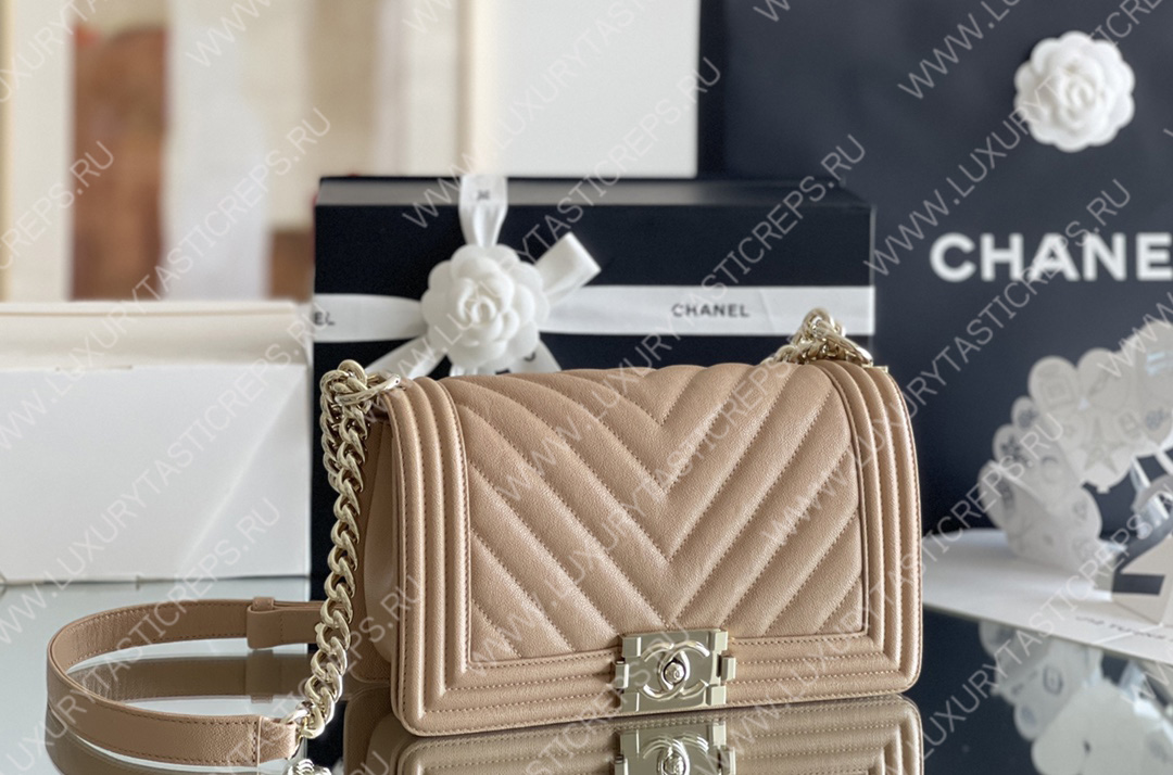 Ch*el boy handbag dark nude a67086