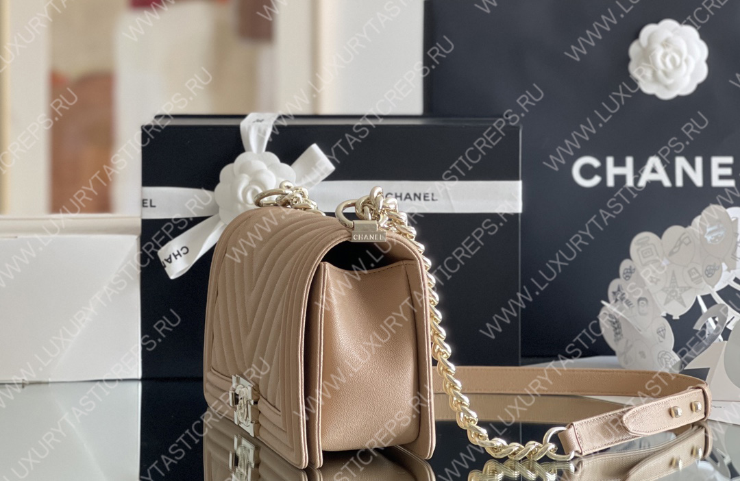 Ch*el boy handbag dark nude a67086